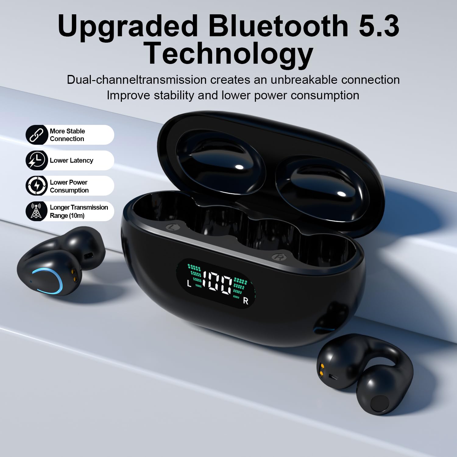 Open Ear Bone Conduction Headphones Wireless Earbuds Bluetooth 5.3 Clip On EarBuds with LED Display Charging Case 60 Hours Playtime Earphones IPX7 Waterproof for Running Walking, Workout（Black） 5