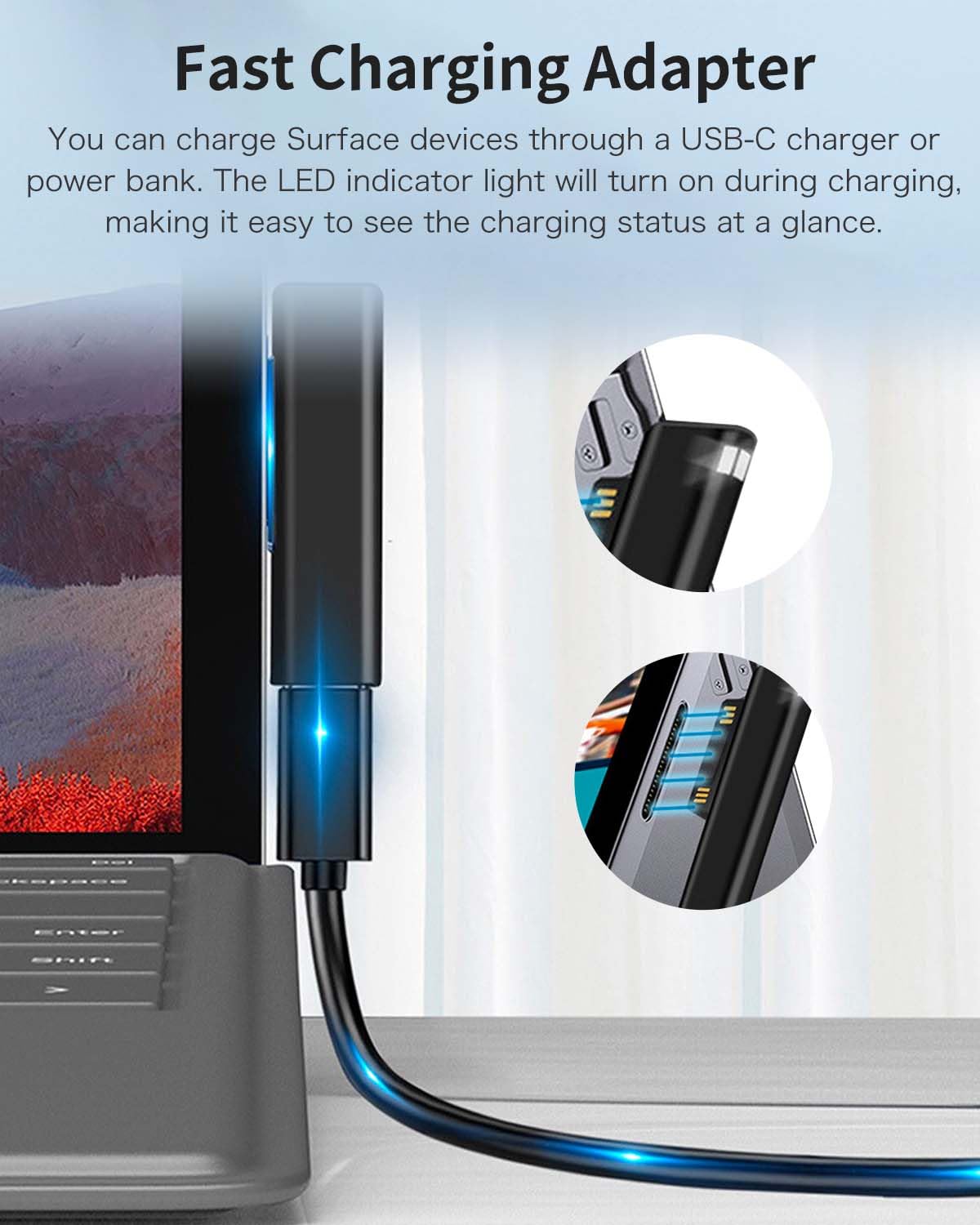 Surface PD Connector to USB-C Charging Adapter,Magnetic PD65W 15V/3A Fast Charging Adapter, for Microsoft Surface Pro7/Pro6/Pro5/Pro4/Por3,Laptop3/2/1/Book2/Book1/Go,Black 5
