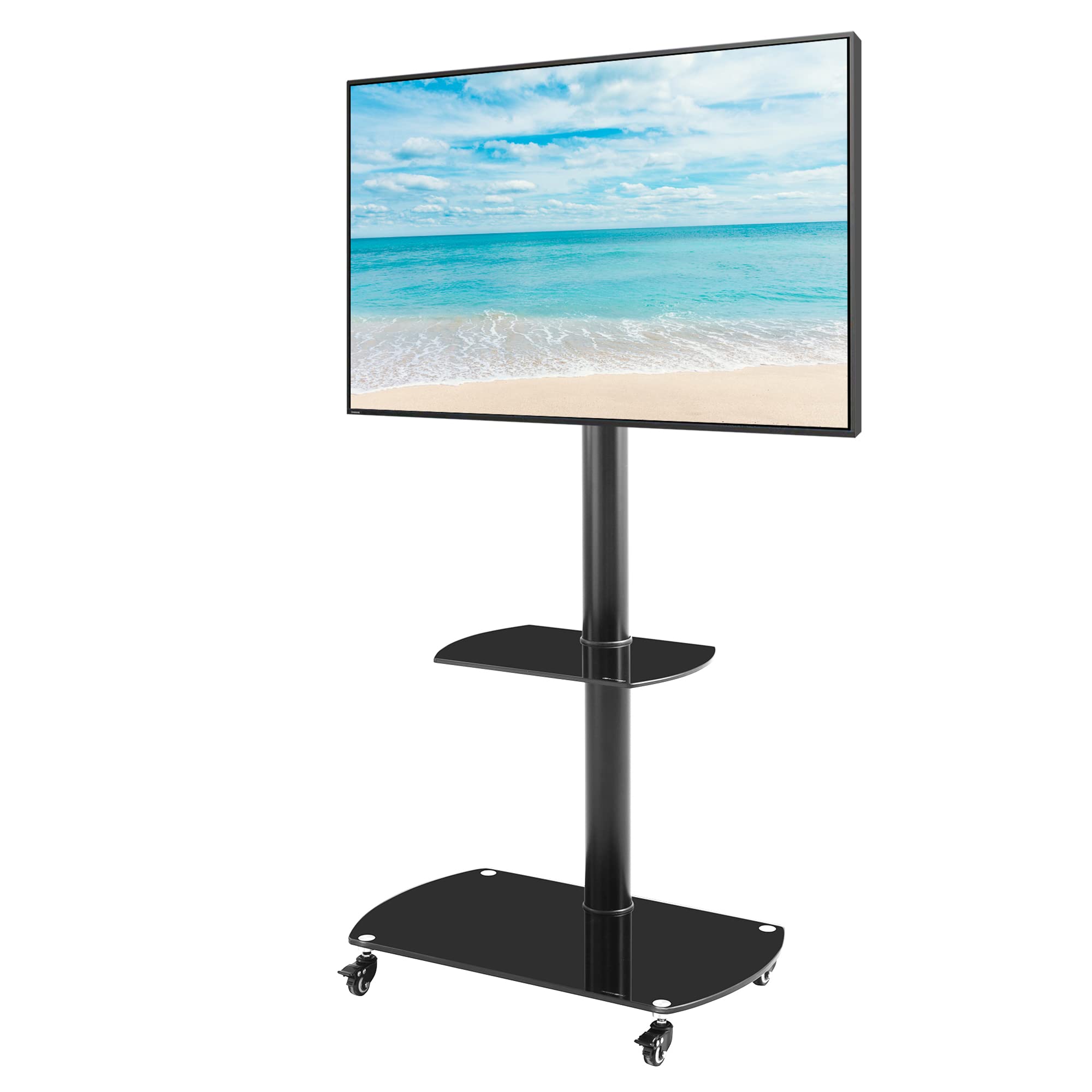 2 Tier Mobile TV Stand, Height and Angle Adjustable Multi-Function Tempered Glass Metal Frame with Lockable Wheels LCD/Plasma Floor TV Bracket for 32-65 inchs TV 3