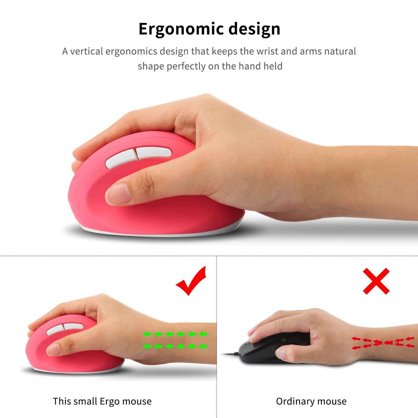 Ergonomic Wireless Vertical Mouse, Rechargeable 2.4G USB Portable Silent Optical Cordless Mouse with 6 Buttons 3 Adjustable DPI (800-1200-1600) for PC Desktop Laptop Notebook (Pink) 6