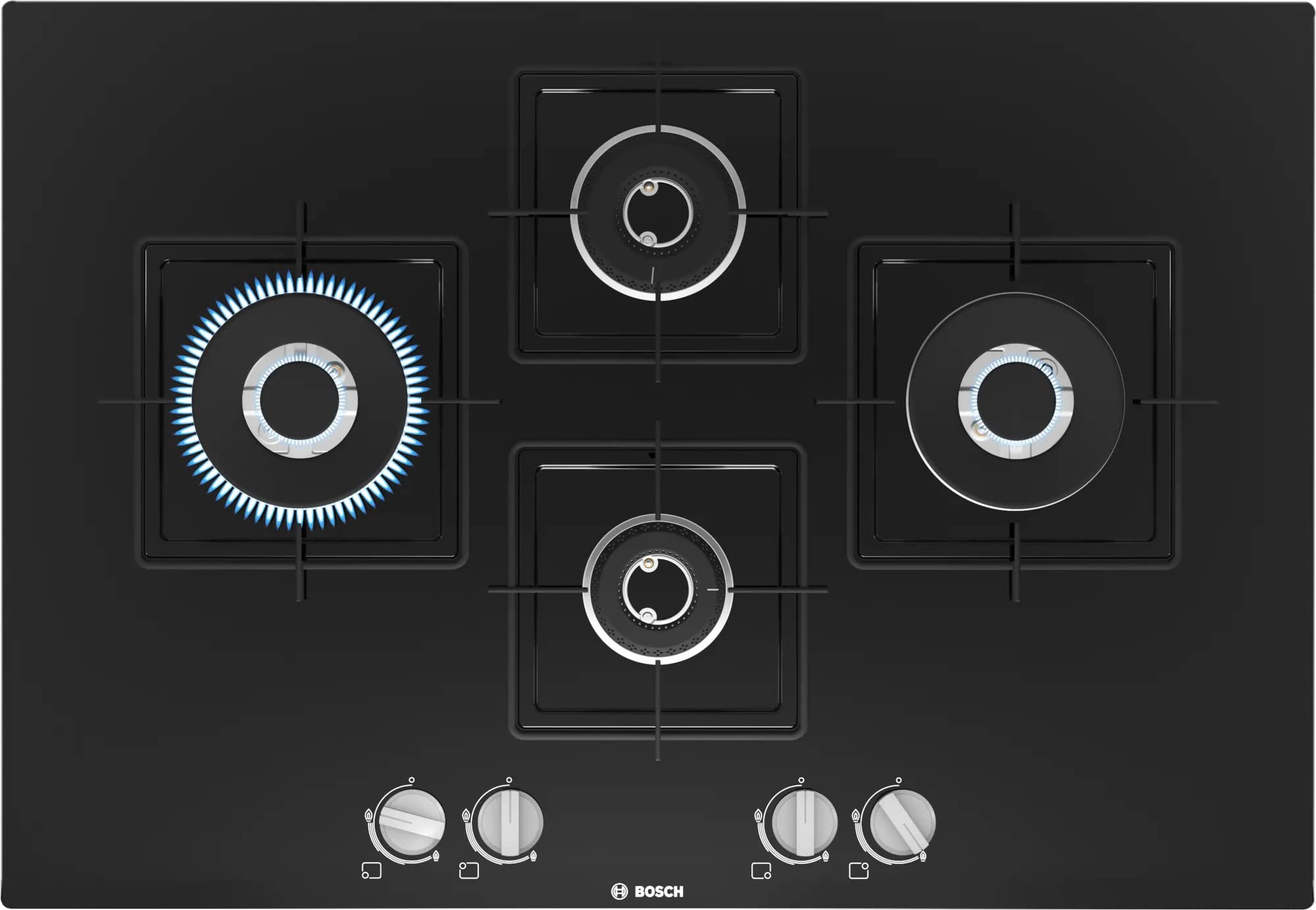 Bosch Built in Gas Hob Black Tempered glass Glass 4 Burner Auto Ignition 75 cm Italian Double Ring Burners (PNI7B6B10I) 1