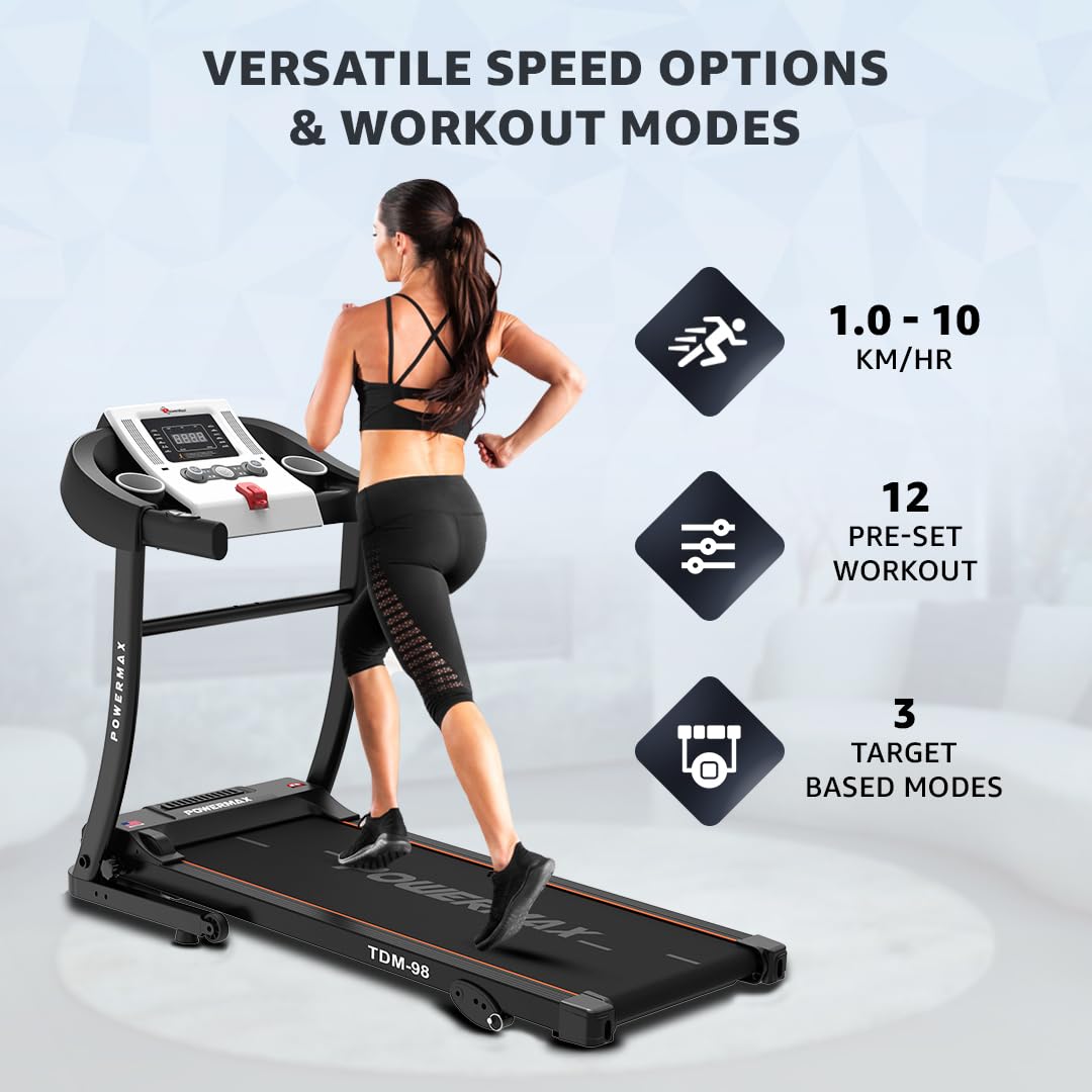 PowerMax Fitness TDM-98 (4.0HP Peak) Foldable Motorized Treadmill for Home 100 kg Weight, Max Speed-10kmph, Preset Programs, HR Sensors, AUX with Volume +/- keys for Inbuilt Speaker, USB, LED Display 5