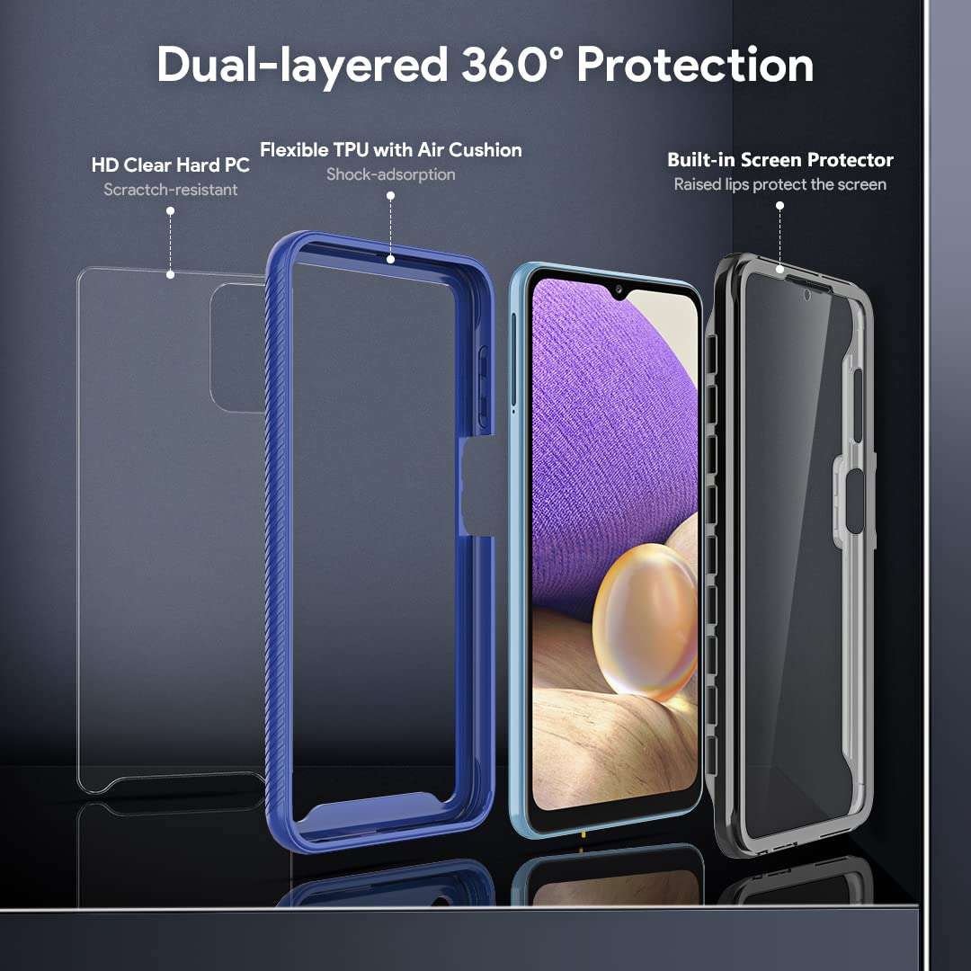 HATOSHI Samsung Galaxy A32 5G Case with Built in Screen Protector, [Military-Grade] Full-Body Shockproof Heavy Duty Protection Crystal Clear Back Protective Phone Case Cover for Samsung A32, Blue 3