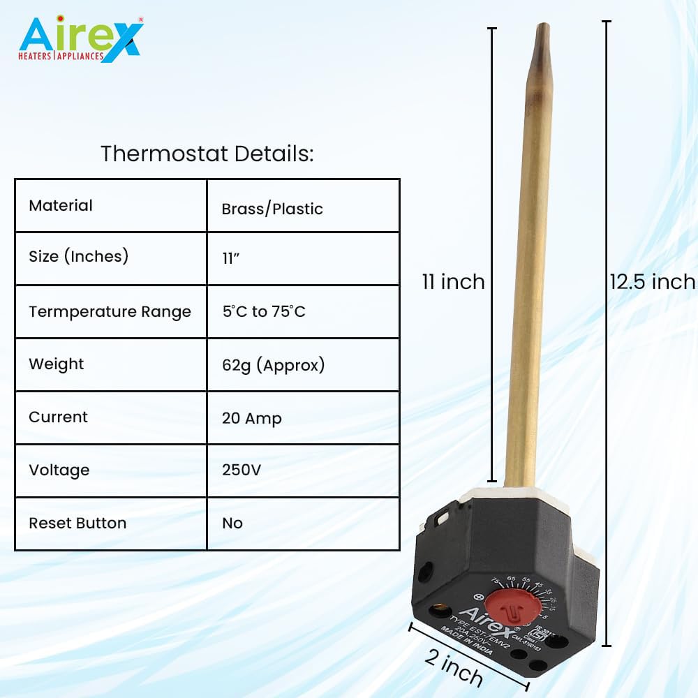 Airex Water Immersion Heater | 2 kW Stainless Steel Double Pipe Heating Element | 1.5-Inch B.S.P. Thread with 11-Inch Auto Cut-Off Thermostat (5–75°C) 6