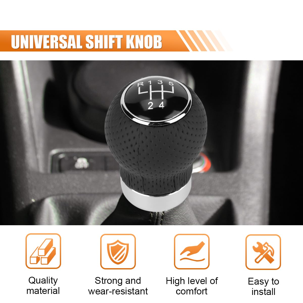 Car Shift Knob - 5 Speed Transmission Head, Black Leather Handle, Universal Lever Kit for Automatic or Manual Gear (Black 5-Stop R, Round) 4