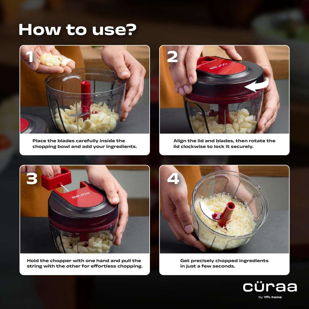 Cüraa ChopLab Lite Manual Chopper | 650 ml Portable Vegetable Chopper| Mini Chopper for Kitchen with Stainless Steel Blades for Chopping Onion, Ginger, Garlic, Vegetables, Herbs, Nuts | Red 4