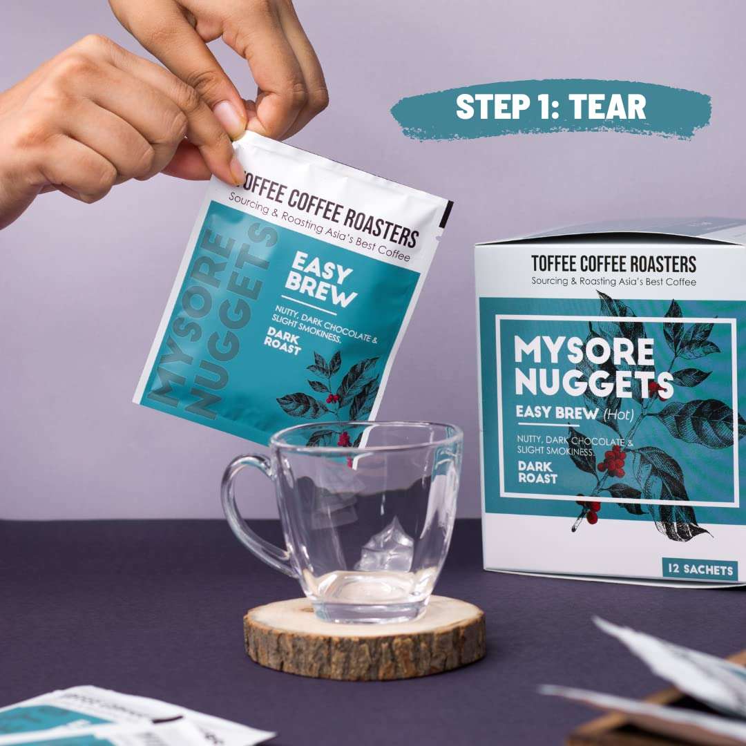 Toffee Coffee Roasters | Easy Brew (Hot Brew) Coffee | Mysore Nuggets | Pack of 24 | No Equipment Required | Easy to Brew Pour Over Coffee | Dark Roast | Coffee Notes: Dark Chocolaty, Nutty & Woody? 3