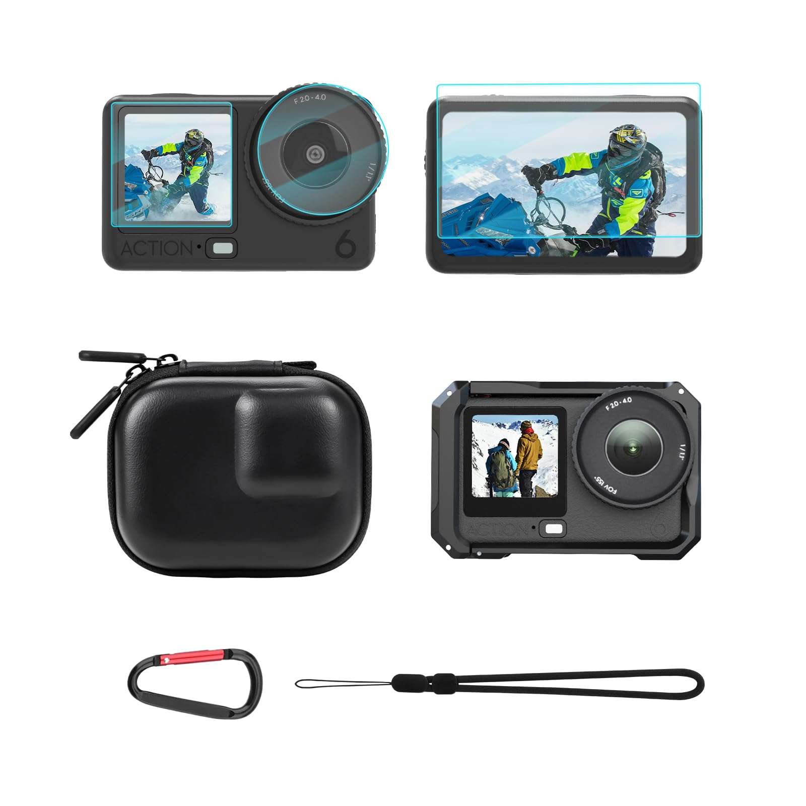 BRDRC Action 6 Camera Cage + Screen Protector+ Carrying Case (for Frame) Accessories Kit, Protective Metal Cage Portable PU Hard Bag Tempered Glass Lens Film for DJI Osmo Action 6 Protective Bundle 1