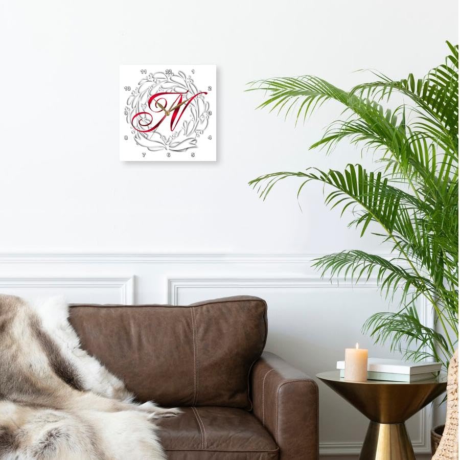 3dRose Wall Clock Silent - 10 inch - Christmas Wreath Red Monogram N - TDSwhite – Christmas Holidays Xmas 3