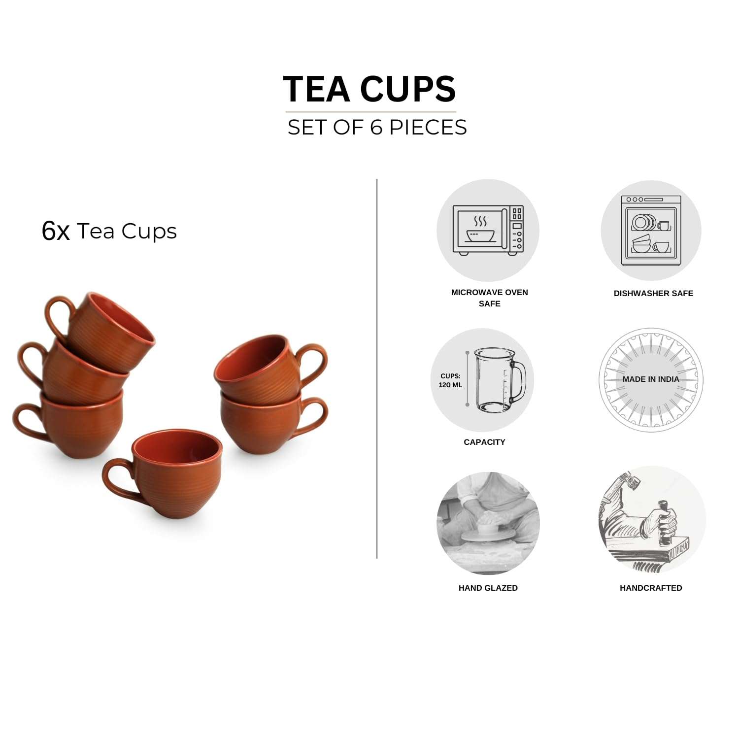 ExclusiveLane 'Terra Tones' Ceramic Tea Cups Set of 6 (120 ML, Earthern Brown, Dishwasher & Microwave Safe) | Ceramic Cups Coffee Cup Set of 6 Coffee Mugs Tea Set Tea Mugs Set of 6 Chai Cups Drinkware 6