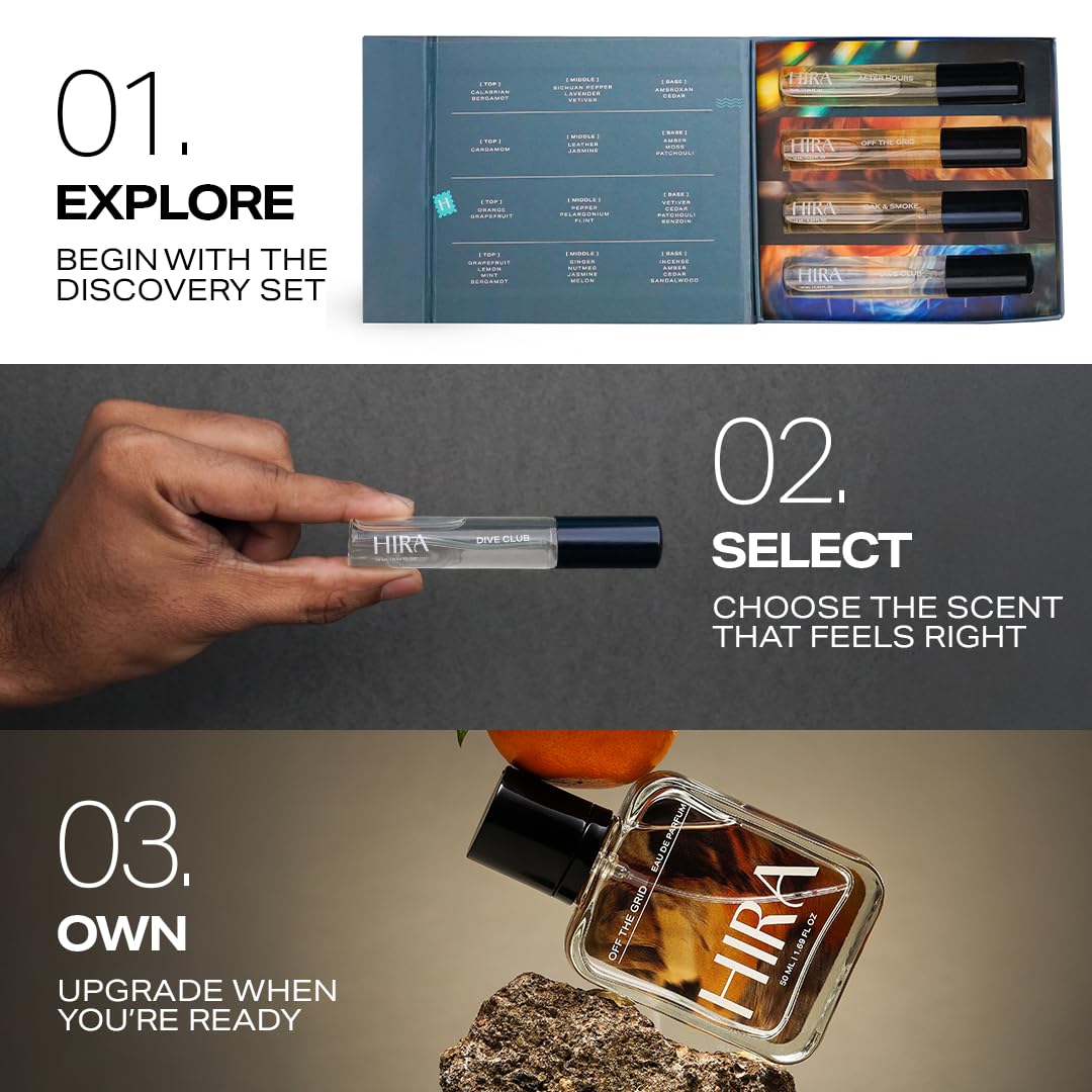 HIRA Discovery Set for Men, 4 Premium Fragrances, 10ml Each - Dive Club, Oak & Smoke, Off the Grid, After Hours 5