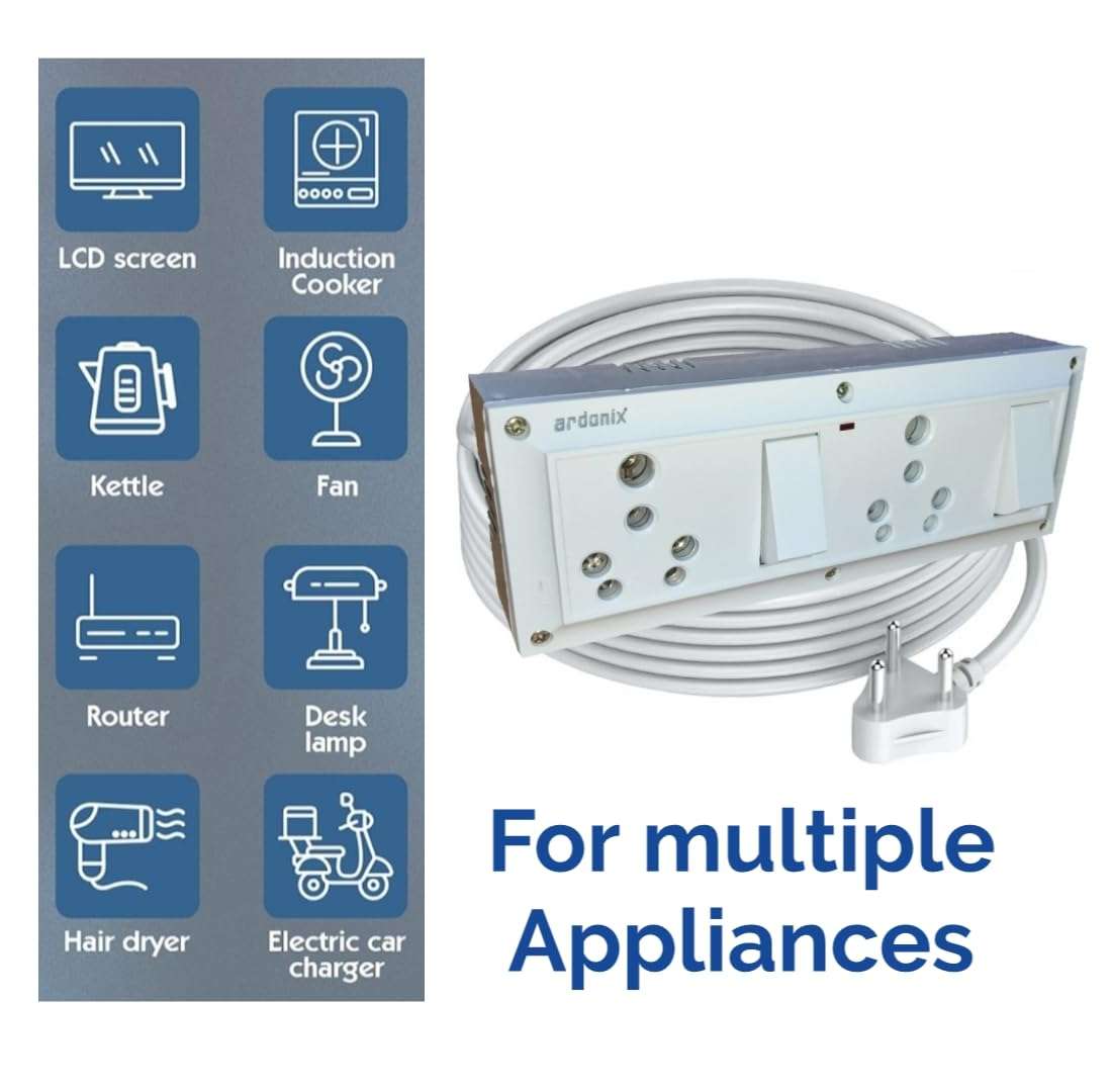 Double Switch Socket Combined Extension Box for Cooler, Washing Machine, Mixer Juicer & Use Multiple Home Appliances, 6A/15A Socket 5A Plug | 100% Copper Wire| max Load Upto 2000watt (6 Meter Wire) 3