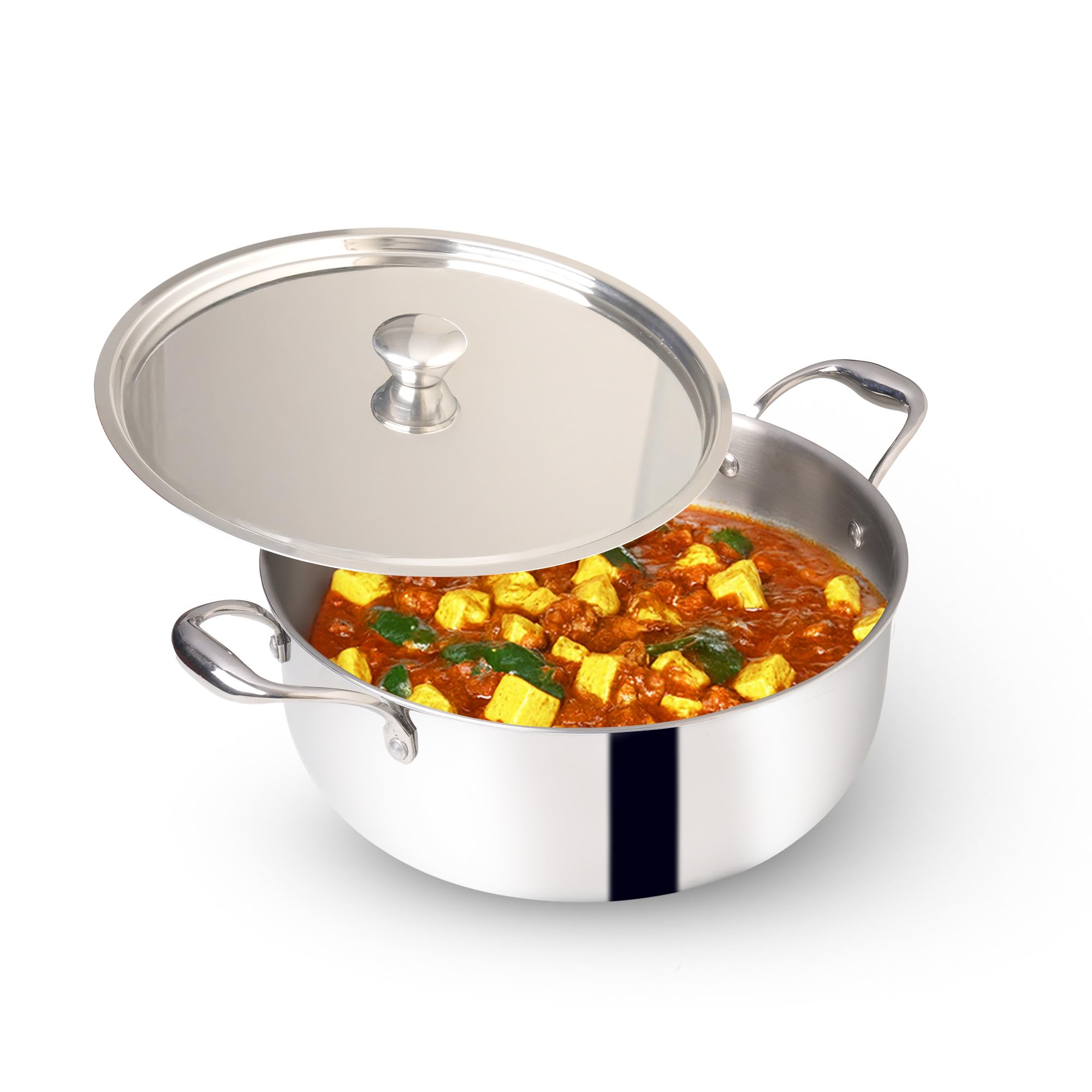 The Indus Valley Triply Stainless Steel Stock Pot with SS Lid 2.5 Liters/Briyani Pot | 20cm/ 7.87 inch, 0.9kg | Induction Friendly | 100% Toxin-Free