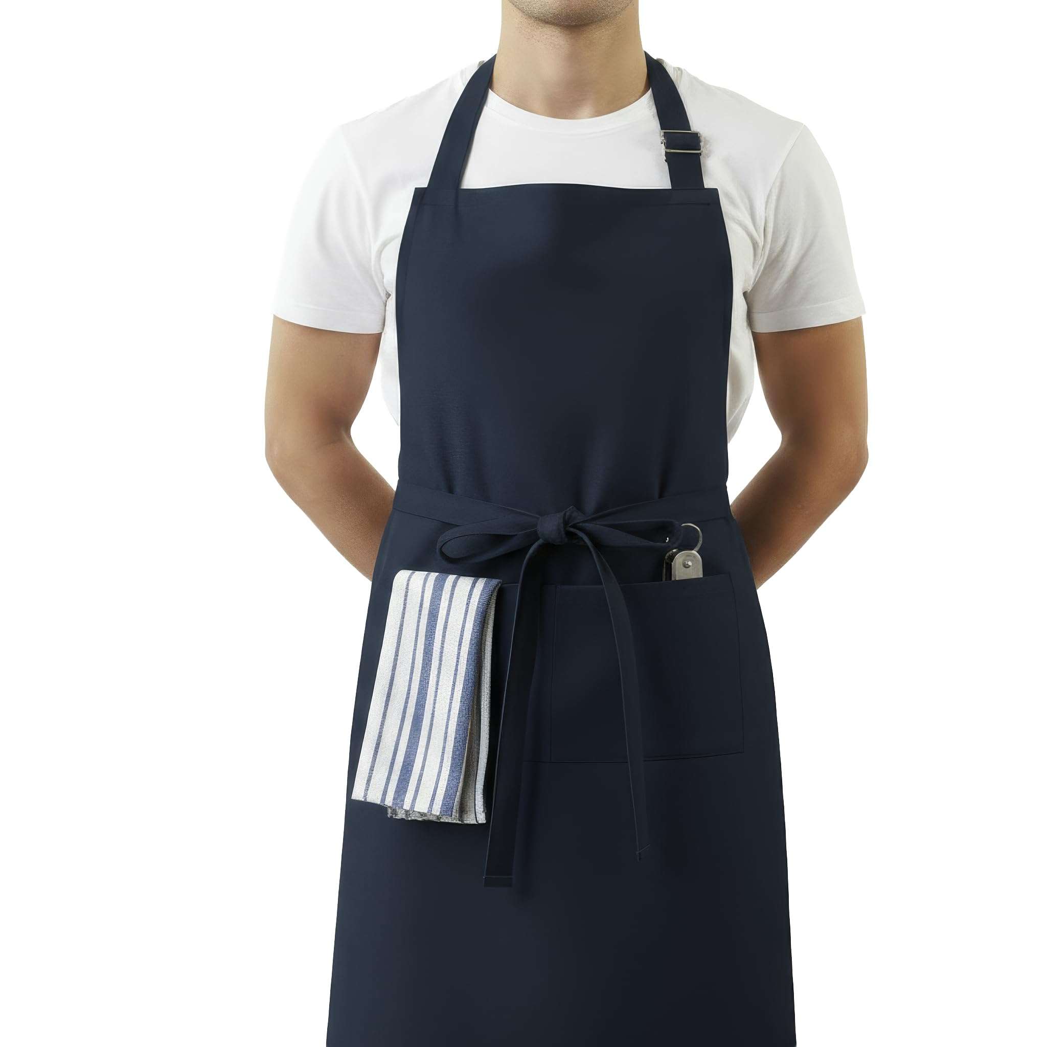RUSTIQUE LINENS Kitchen Apron – 100% Cotton, Adjustable Neck strap, Large Pocket – Unisex Apron for Men & Women – Cooking, Baking, BBQ, Gardening – Navy 4