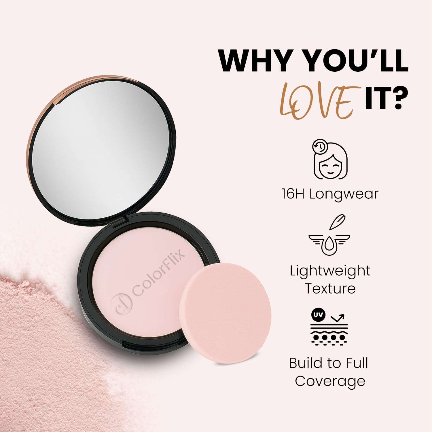 ColorFlix AirBrush Compact Powder with SPF 30 & Vitamin C, Long Stay, Oil Control, Airbrush Finish, Lightweight, Full Coverage Face Powder for Even Skin Tone & Smooth Matte Look – 9g (Pastel Pink) 3