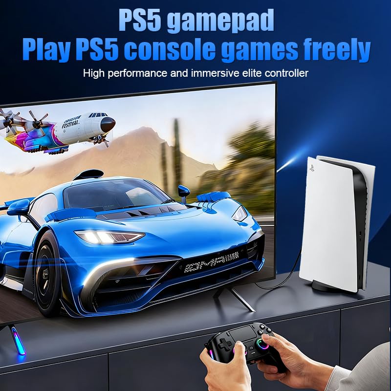 Wireless Pro Controller For PS5/PC/MAC/iOS/Android/Steam Deck, Gamepad with RGB Lights/Hall Effect Joystick Trigger/Vibration/switchable microphone/Programmable/Headset Jack/Touchpad/Replaceable Magnetic Panel (Black) 5