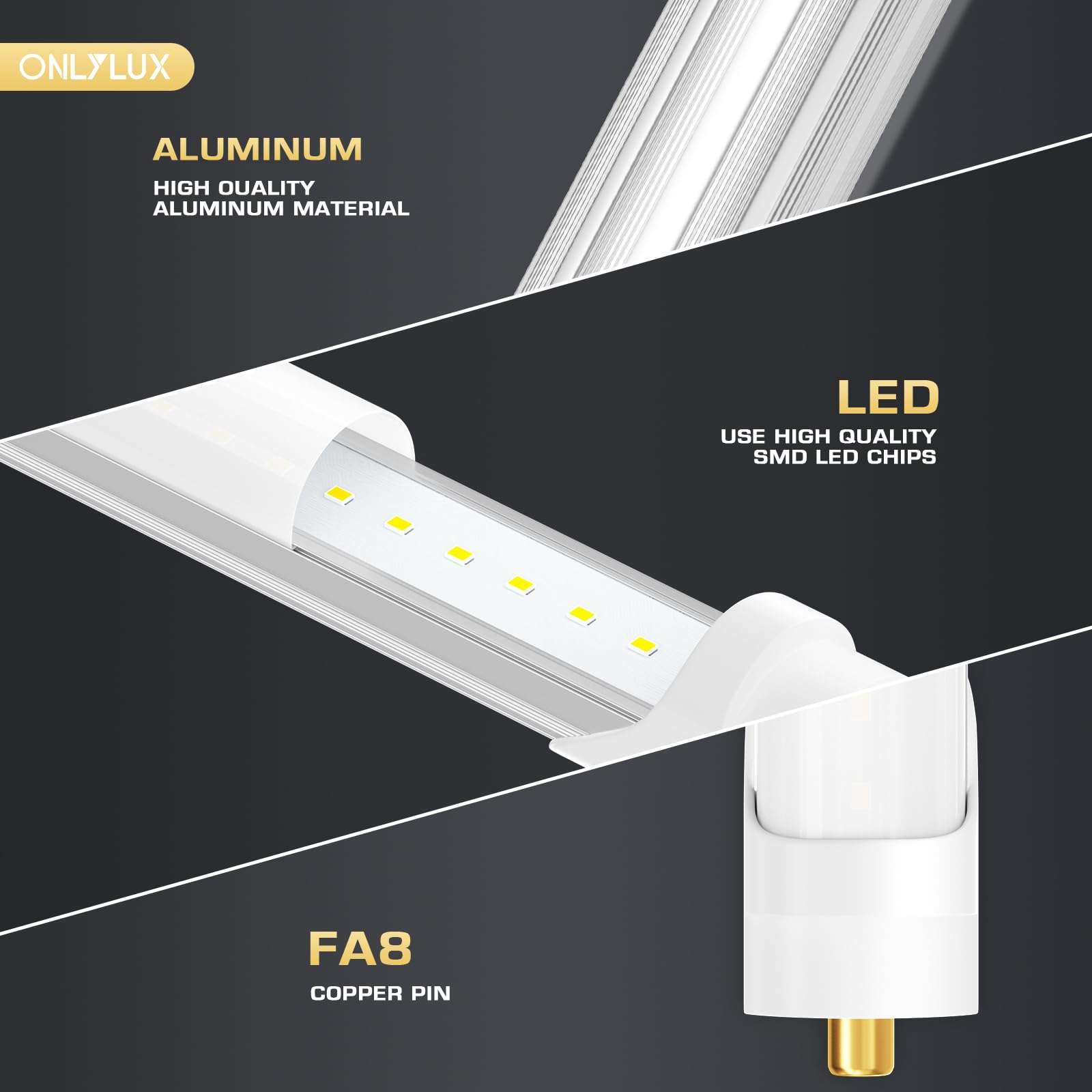 ONLYLUX 8 Foot Led Bulbs T8 T12 LED 8ft Tube Light F96T8 F96T12 LED Bulb 96" FA8 Single Pin LED Fluorescent Replacement, (100W Fluorescent Equivalent) 6500K CW Daylight Milky Cover, 10 Pack 3