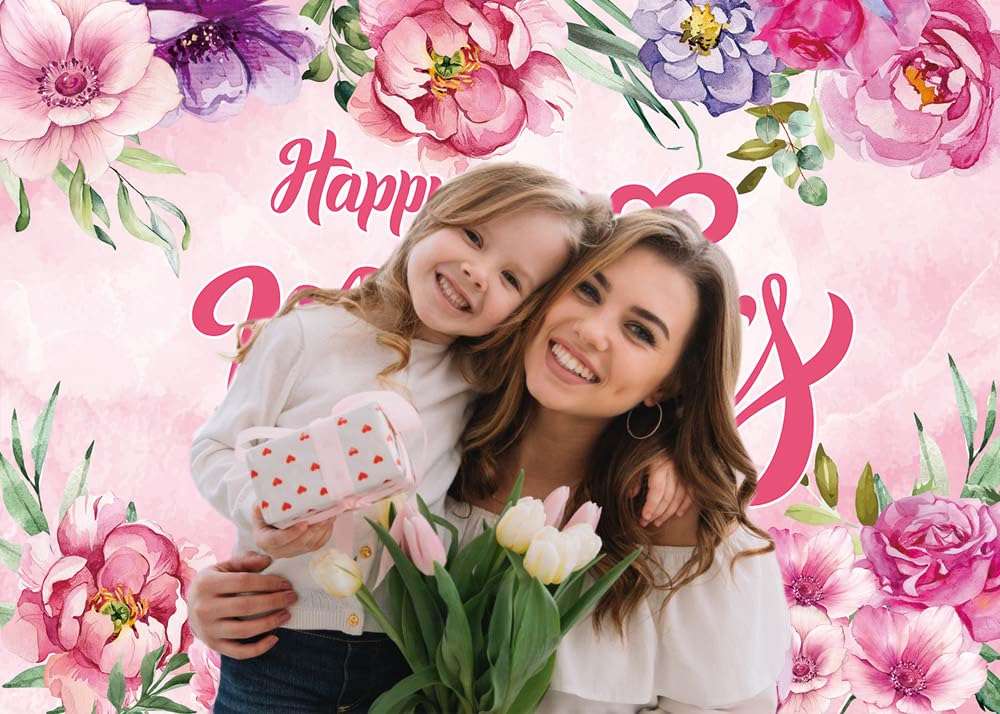 Happy Mother's Day Party Backdrop 10x8FT I Love Mom Photography Background Pink Flower Women Queen's Day Thanks Mama Banner Photo Props 120x96 inch 4