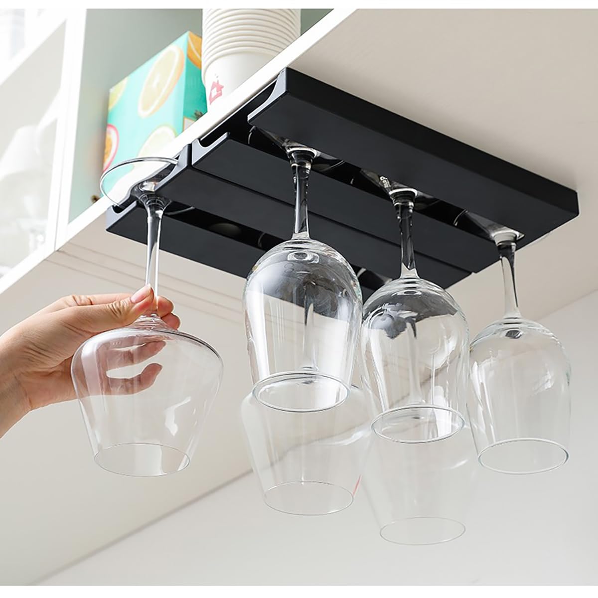 DMOKJER Wine Glass Holder,2 Pack Wine Glass Rack Punch-free Under Cabinet，Plastic Stemware Holder Glasses Storage Hanging Organizer for Kitchen and Bar (‎Black-2Pack) 4