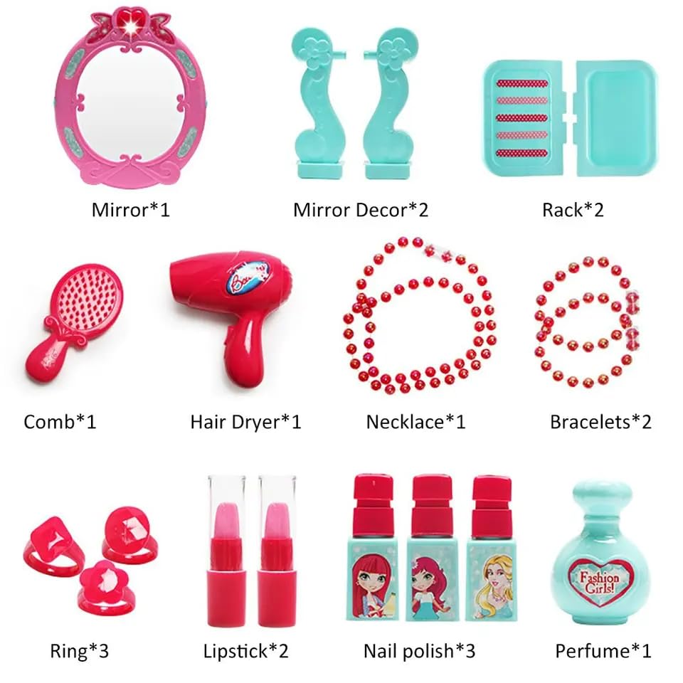 Royaldeals Toys Beauty Royaldealseup Kit for Doll Girls Cosmetic Set 2 in 1 Vanity Table Portable Royaldeals Pretend Play Set Toy with Royaldealse up Accessories for Kids Plastic (Pink) 21 Pieces 3
