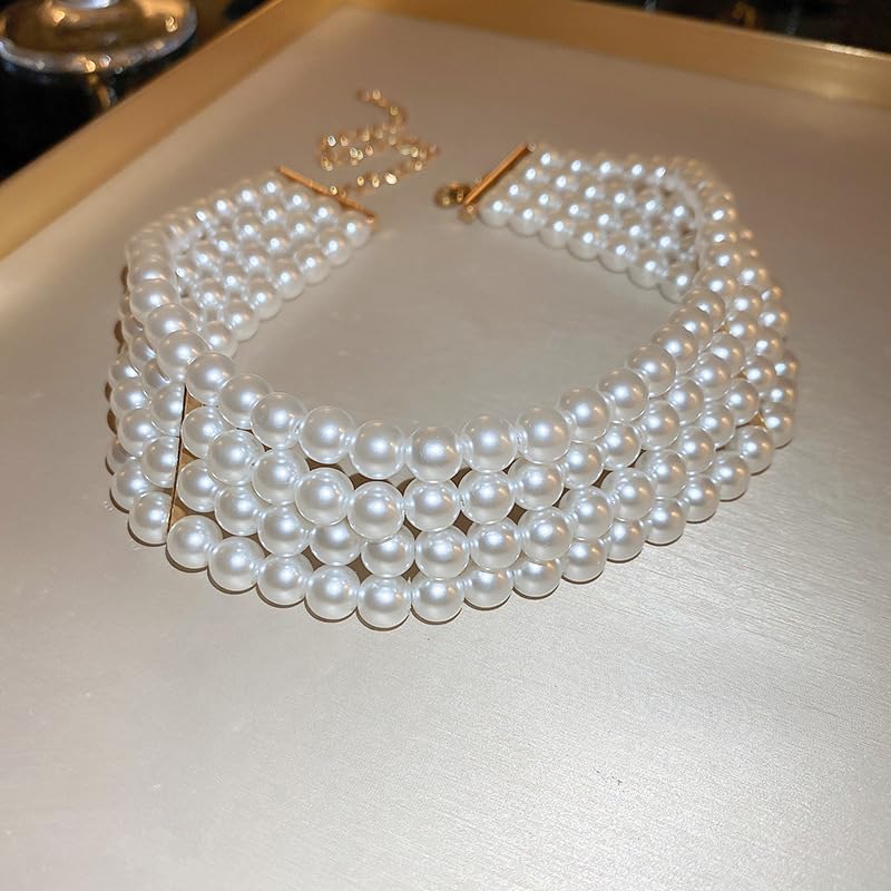 Chargances 2pcs 1920s Faux Pearl Jewelry Set Dainty 4-tier Pearl Necklace Multi-Layered Chunky Bracelet Bridal Wedding Accessories for Women 5
