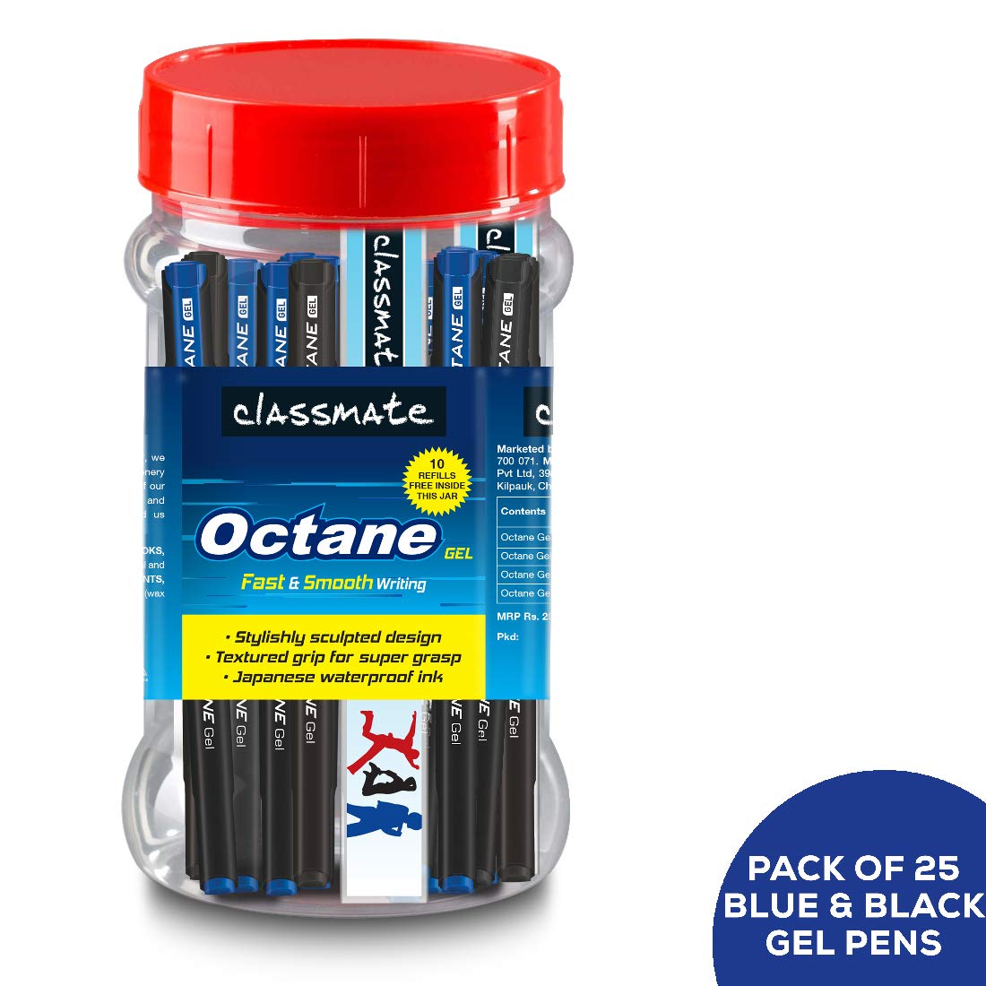 Classmate Octane Gel Pen (Blue & Black)- Pack Of 25 + 10 Gel Refills Free & Classmate Pulse Single Line 5-Subject Notebook - 297Mm X 210Mm, 60 Gsm, 250 Pages(Color And Design M 3