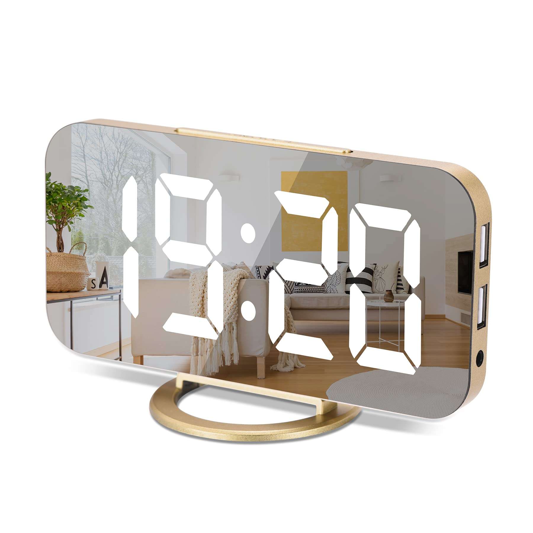 Sukeen Digital Alarm Clock,6" Large LED Display with Dual USB Charger Ports | Auto Dimmer Mode | Easy Snooze Function, Modern Mirror Desk Wall Clock for Bedroom Home Office for All People (Gold) 1