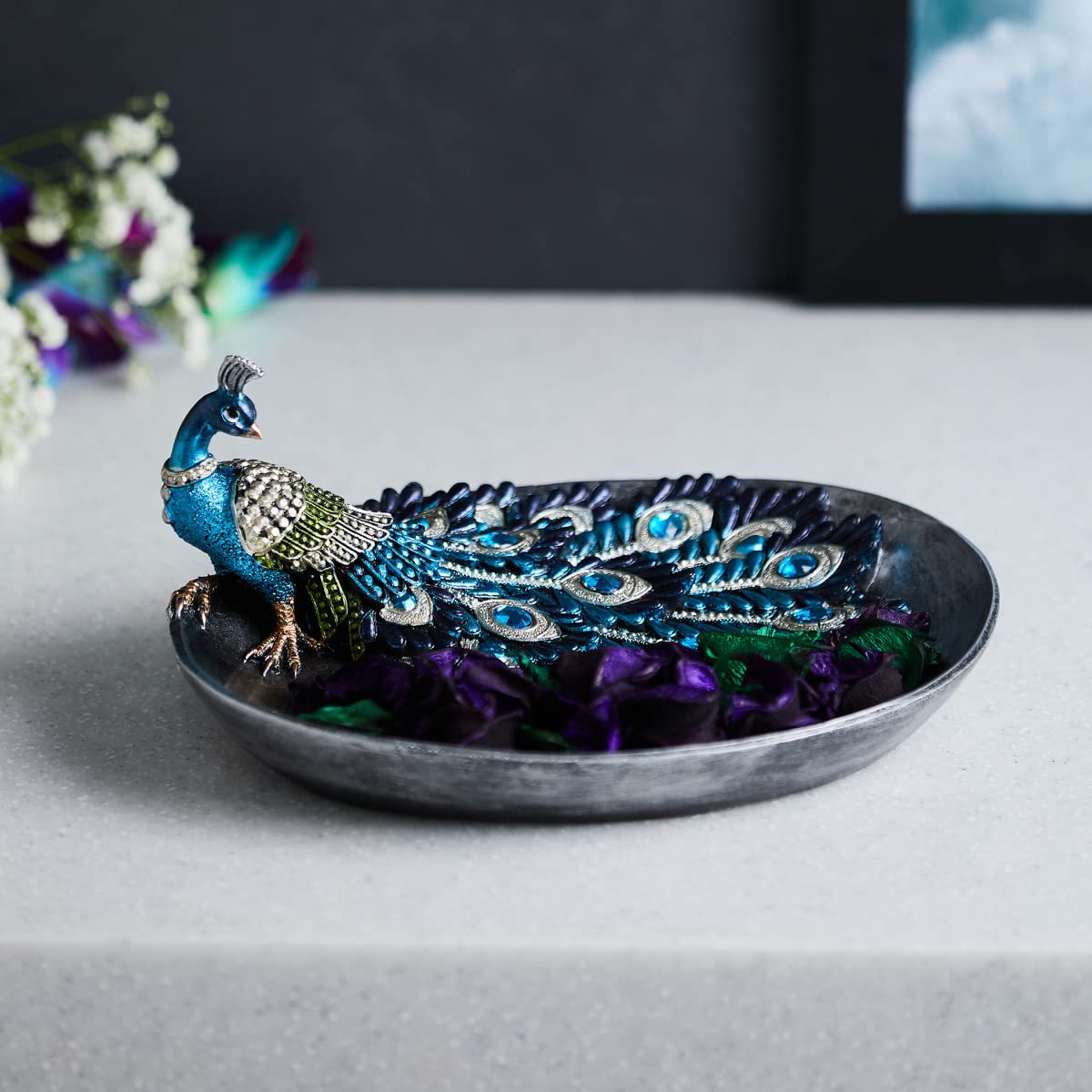 Home Centre Corsica Mayur Blue Peacock Carved Potpourri Bowl 1