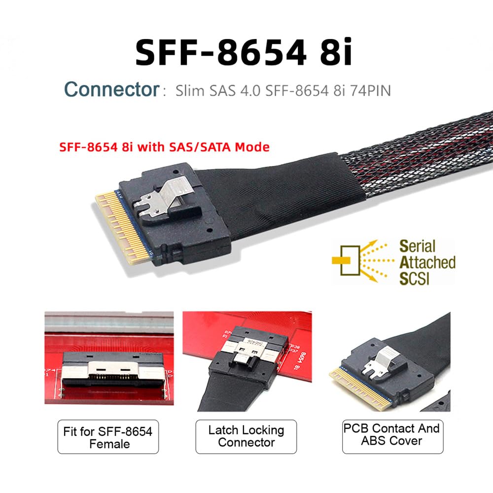 xiwai Slimline SAS 4.0 SFF-8654 8i 74pin Host Raid to 8 SATA 7pin Target Data Transmission Hard Disk Fanout Raid Cable 1-to-8 Splitter 1.0M 3