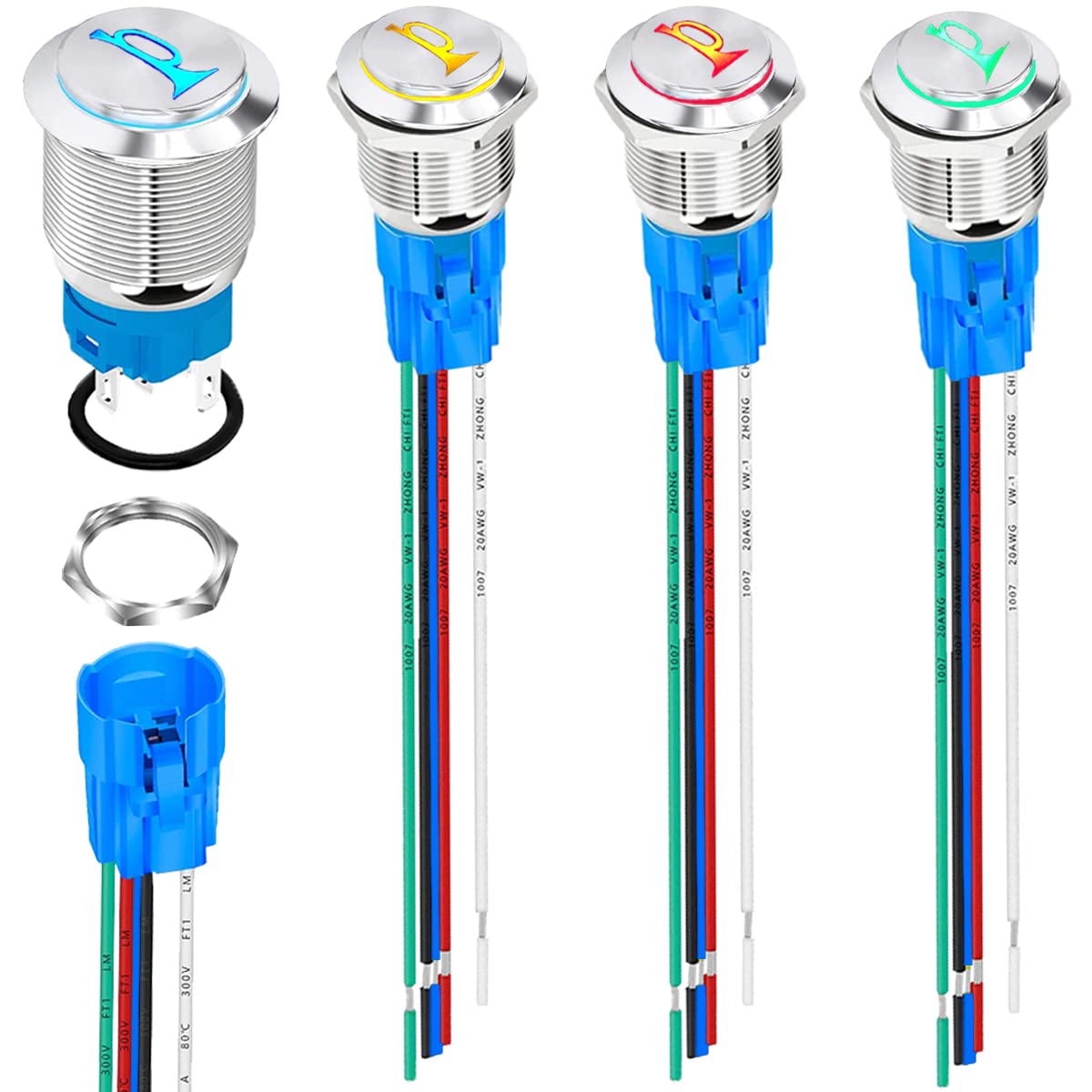 MKBKLLJY 4Pcs 16mm Mounting Hole Raised Speaker Horn Momentary Push Button Switch DC 5A 12V Blue Red LED Light Silver Stainless Steel Shell 1NO 1NC SPDT with Wire Socket Plug for Car Marine Boat