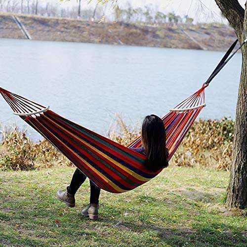 plenzo Travel Camping Hammock Cotton Fabric Swing Bed Canvas Stripe Outdoor Portable with Bag 4