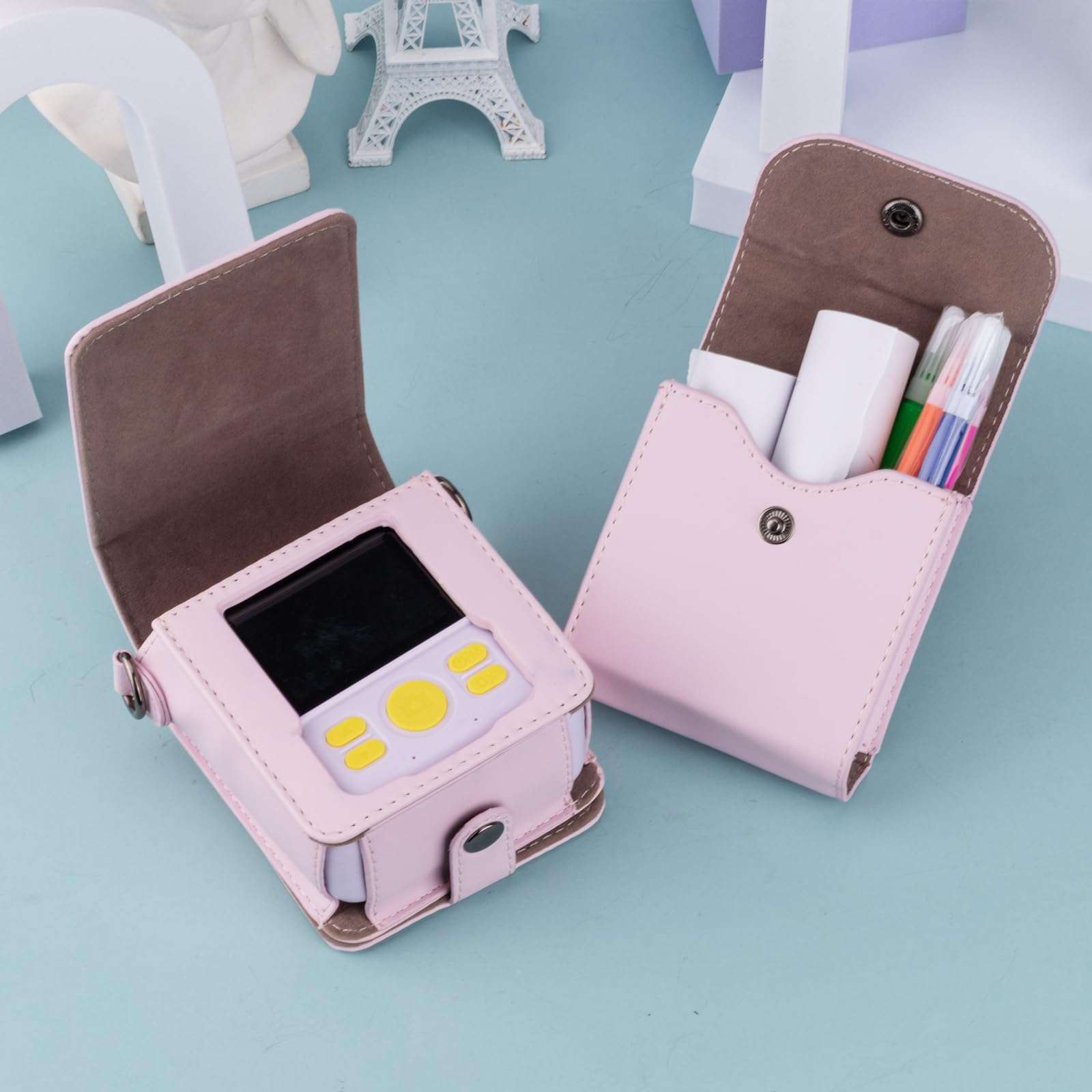 Kids Camera Case Compatible with ESOXOFFORE, MINIBEAR, Dylanto, WEEFUN and Instant Print Camera for Kids Digital Video Cameras, Carrying Bag Film Camera Holder with Card Case Pink 6