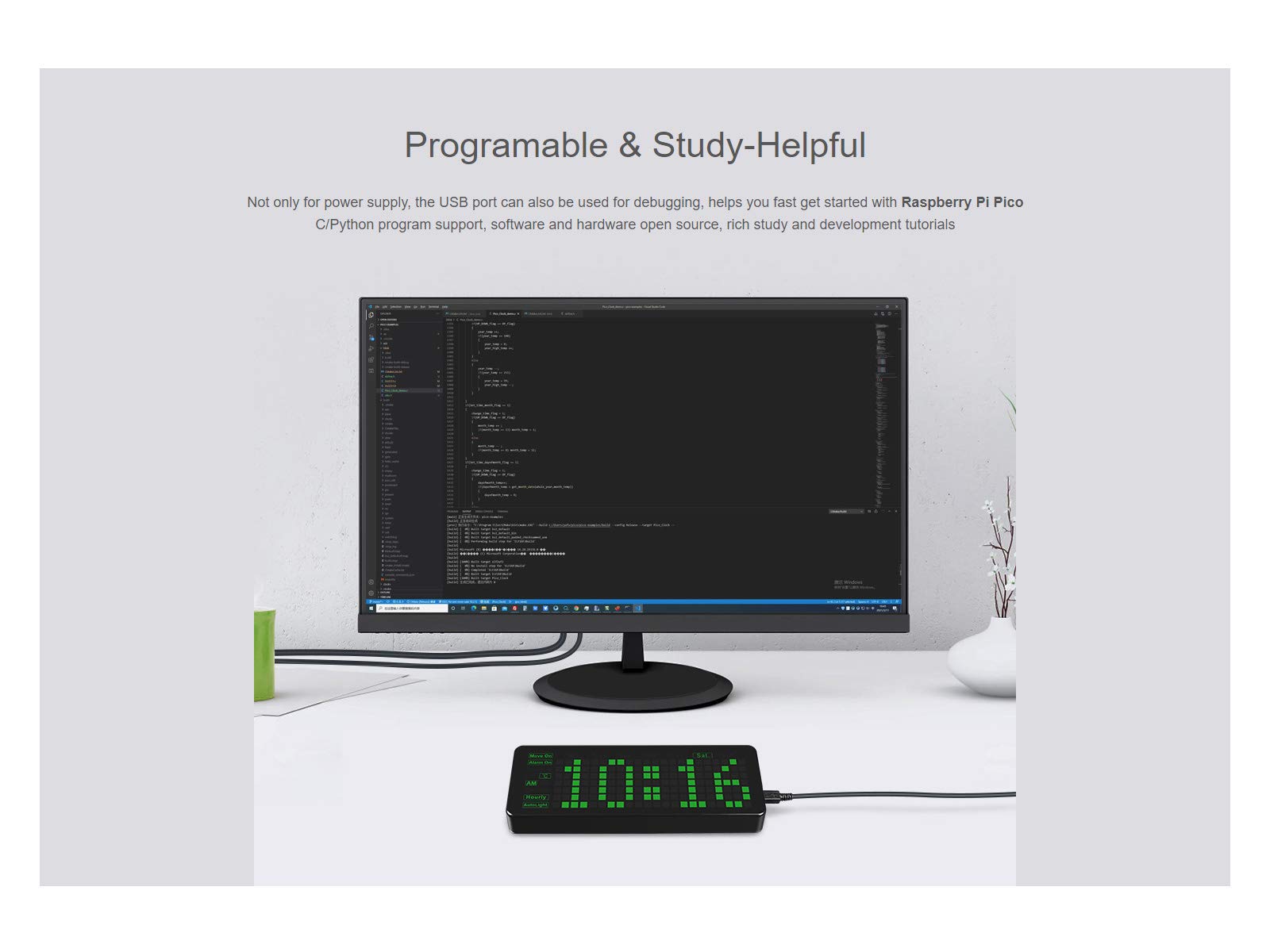 Electronic Clock for Raspberry Pi Pico, LED Digits Onboard RTC Chip DS3231 Photosensor Buzzer with Accurate Real-Time Clock Date Temperature Alarm Timer Hourly Ring Auto Brightness Multi Functions 4