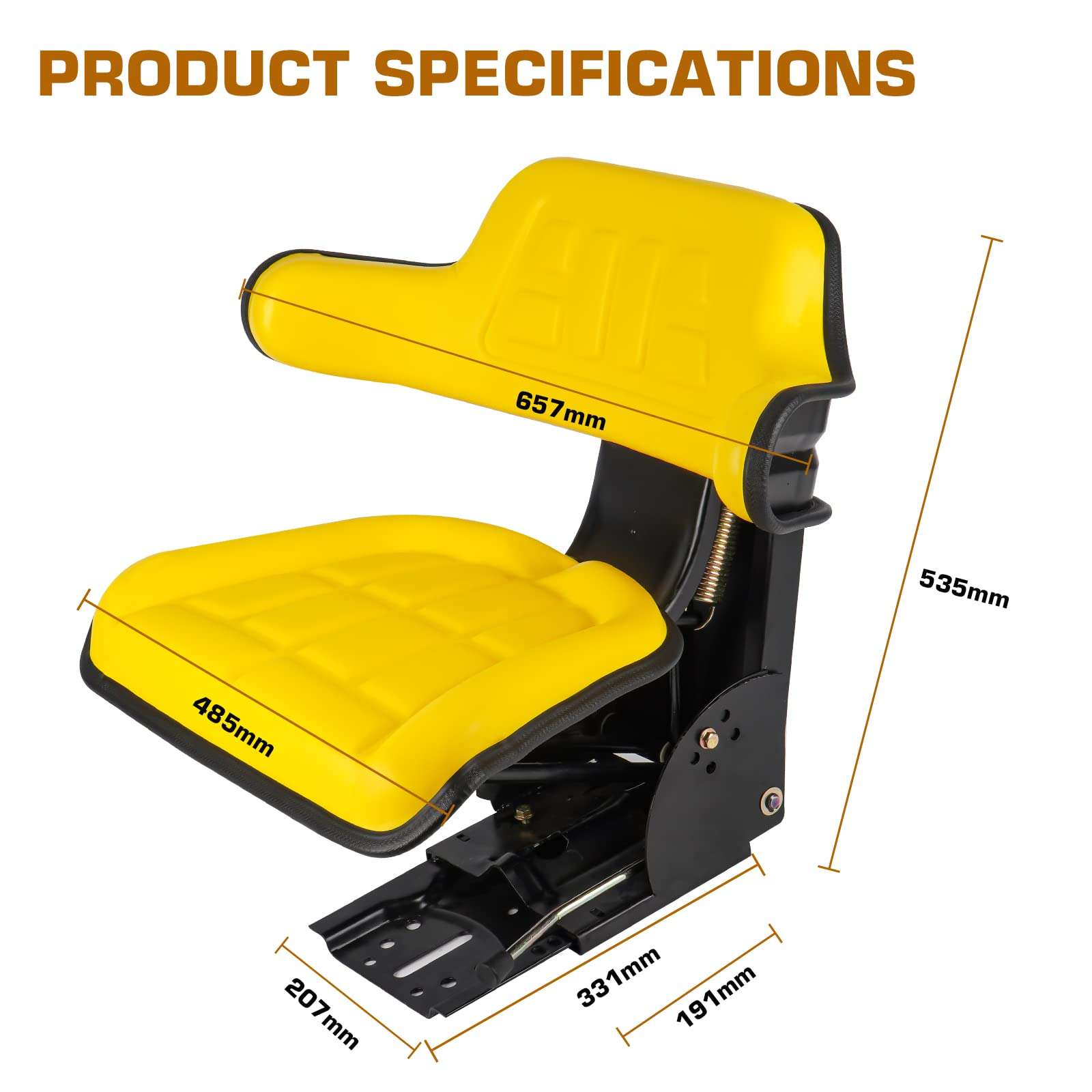 Yellow Universal Adjustable Tractor Suspension Seat with Tilt Waffle Style Fits for John Deere 1020 1530 2020 2030 2040 2155 2280 5210 Shock Absorption Alloy Steel PVC 4