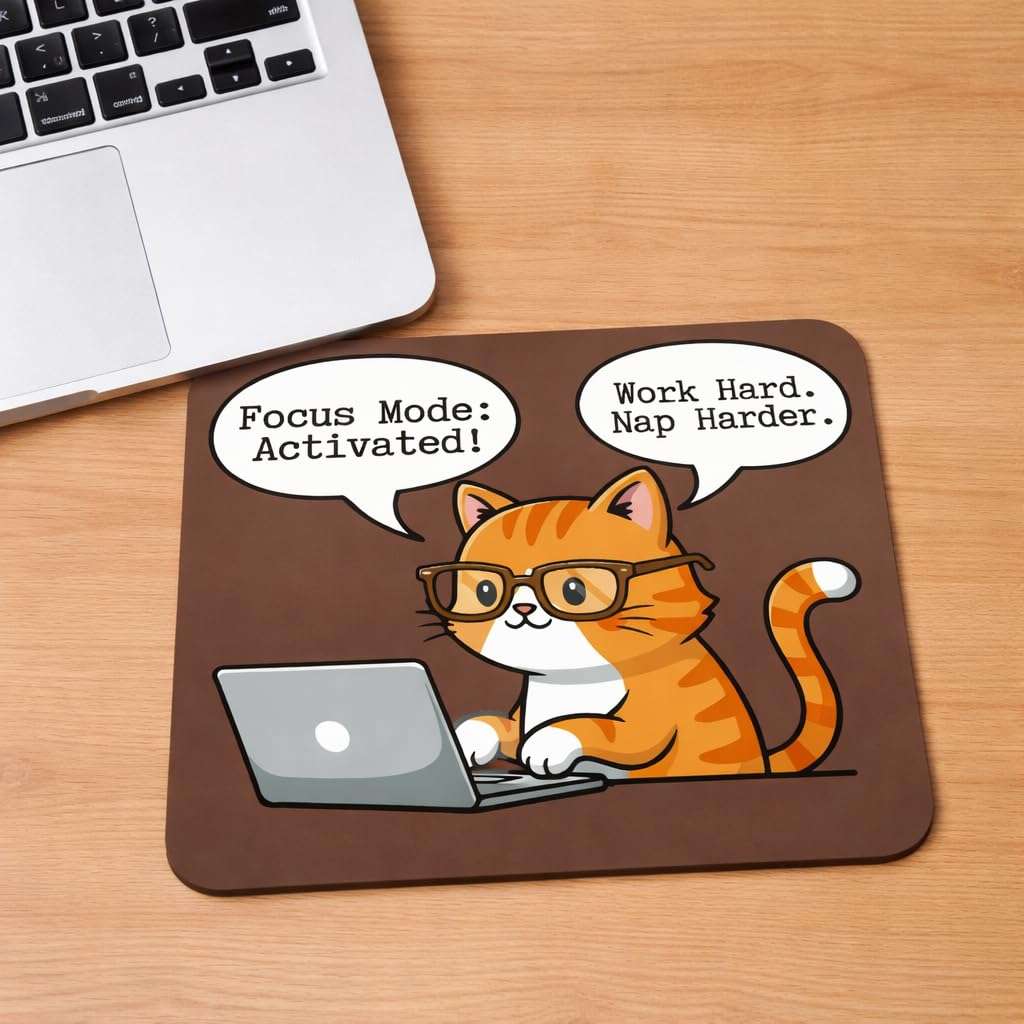 Funny Cat Mouse Pad with Focus Mode Activated Quote, Brown, Non-Slip Rubber Base, 3mm Cushioned Support, Office and Home Desk Accessory 4