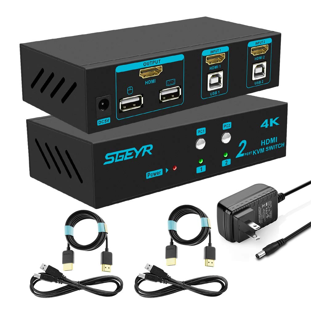 SGEYR 4K KVM Switch HDMI v1.4 2 Port KVM USB Switch 2 In 1 Out Keyboard and Mouse Switcher Support 4K 30Hz Full HD 3D 1080P USB 2.0 Device for TV PC Projector Game Consoles