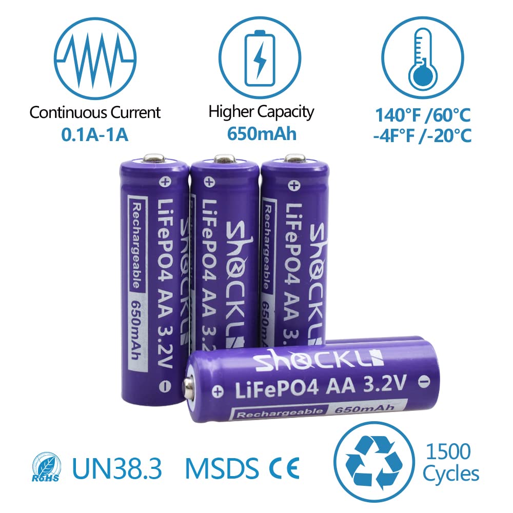 funkawa (8- Pack) Shockli AA 3.2 Volts LiFePo4 650mAh Rechargeable Battery, Lithium Iron Phosphate 3.2V Solar Batteries - Ideal for Solar Garden Light 4