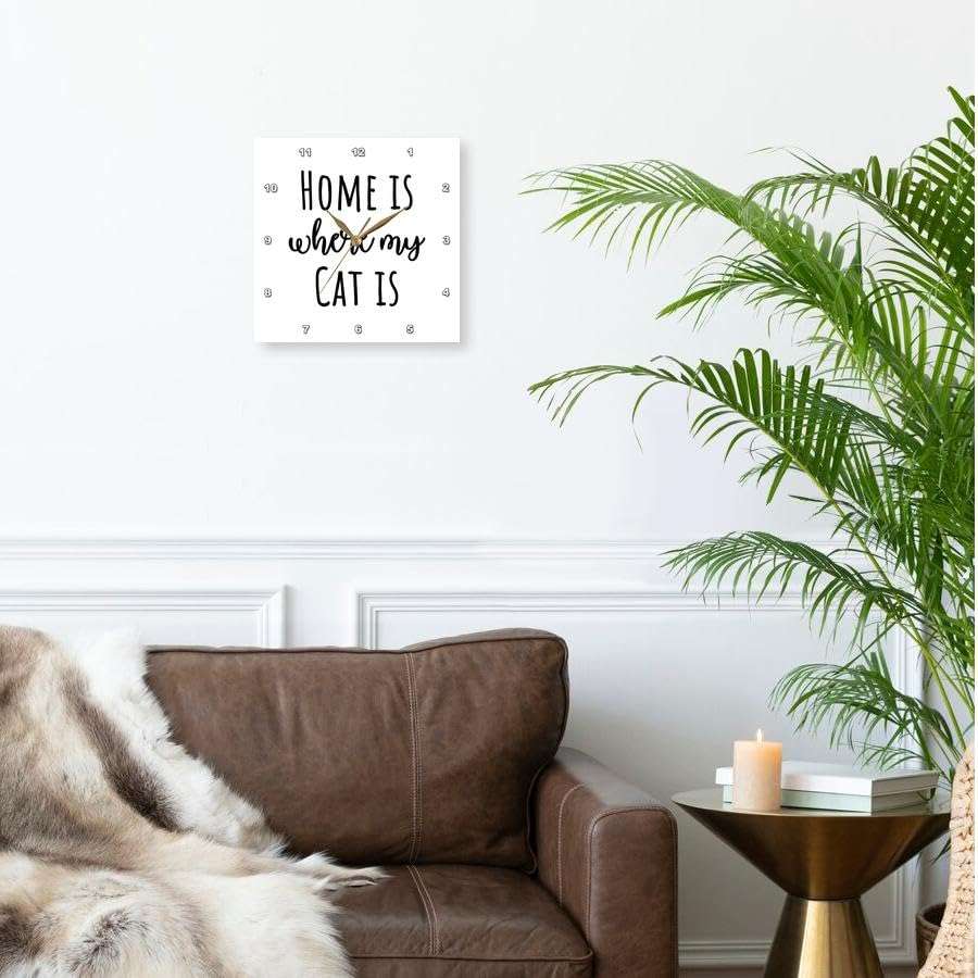 3dRose Wall Clock Silent - 13 inch - Home is Where My cat is. Black Lettering on White Background. - Stamp City - Typography 3