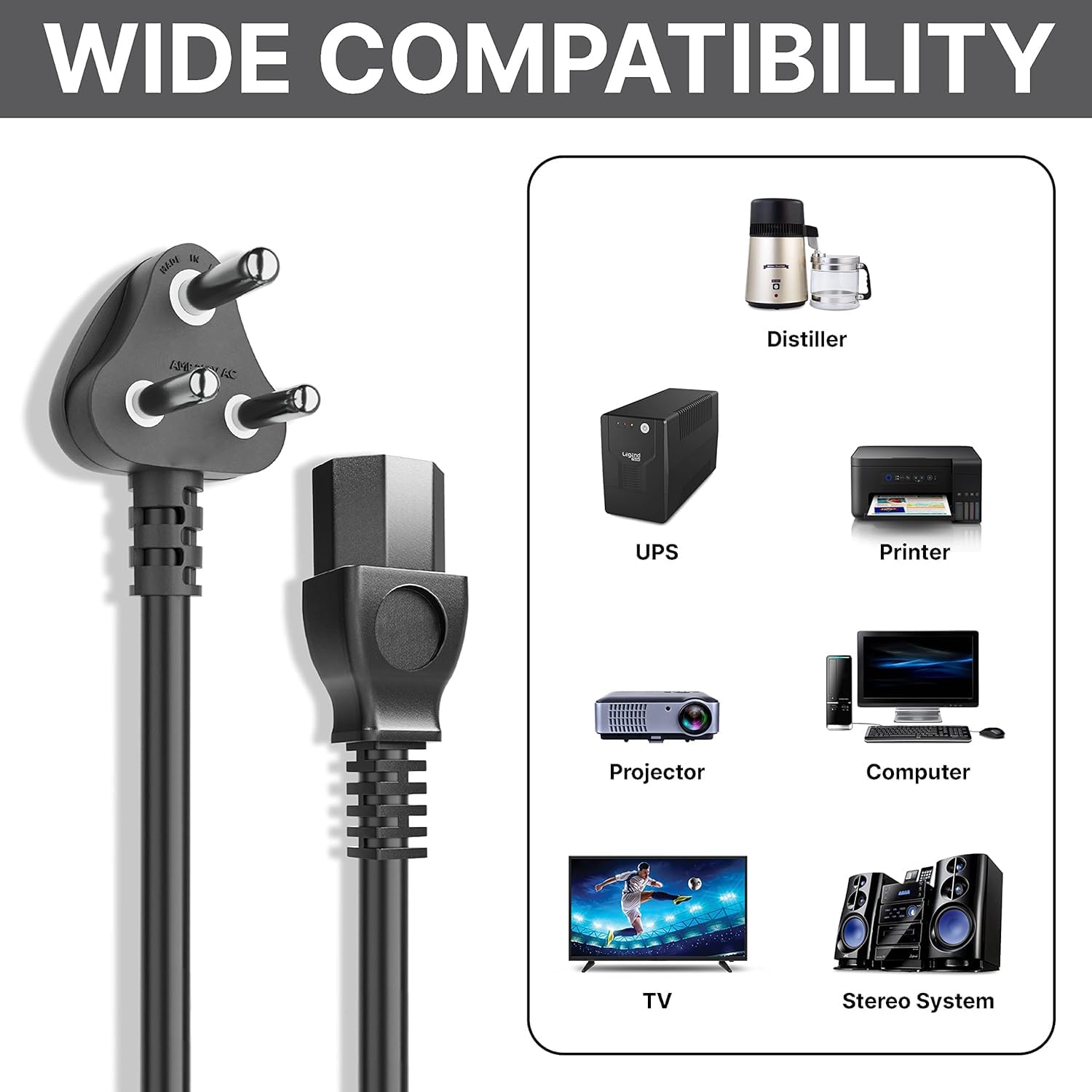 Universal Replacement 3-Pin Desktop Power Cable for Desktop, 1M, Black. 4