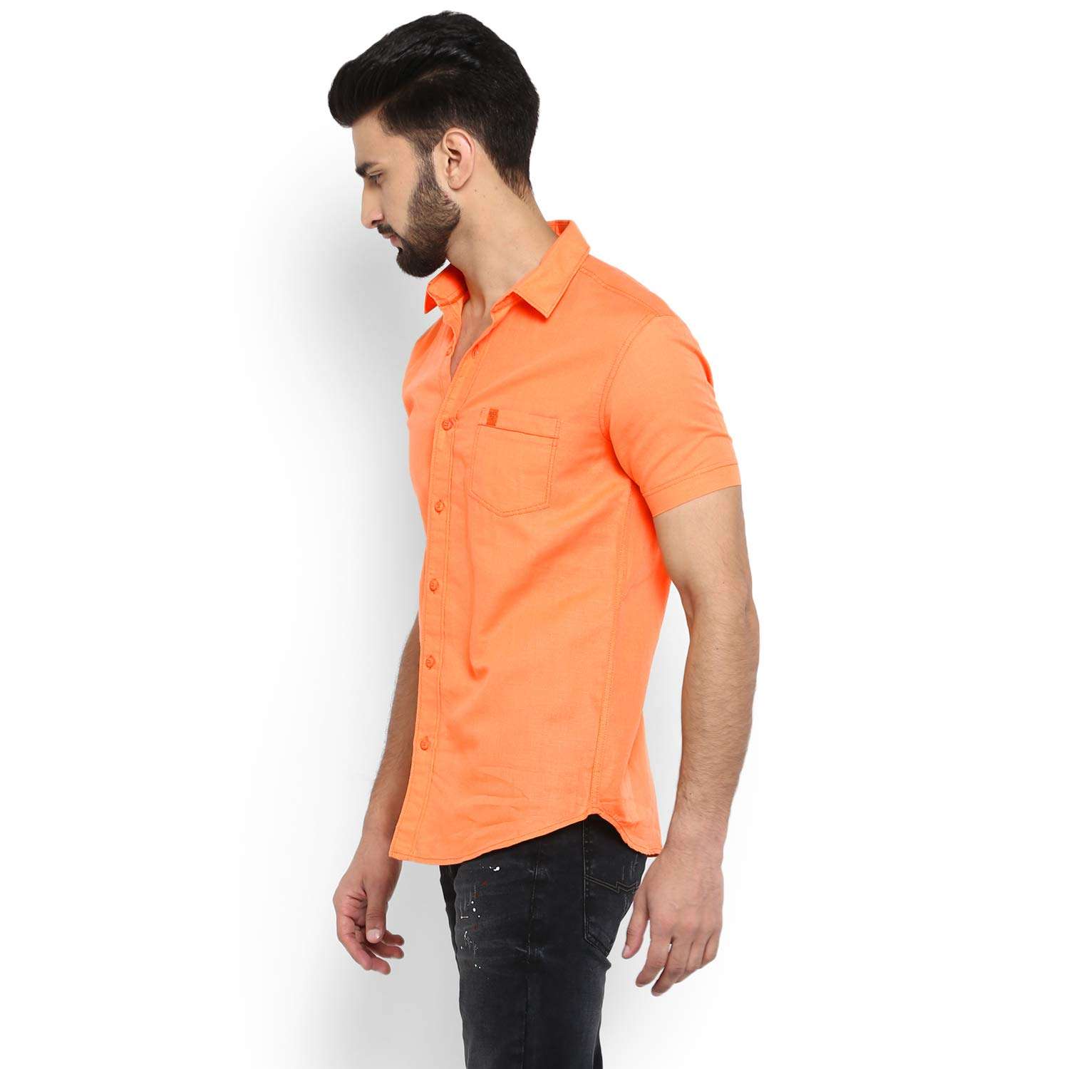 Mufti - MFS-10258-I Men's Solid Orange Half Sleeve Slim Fit Cotton Linen Shirt, 3XL 4