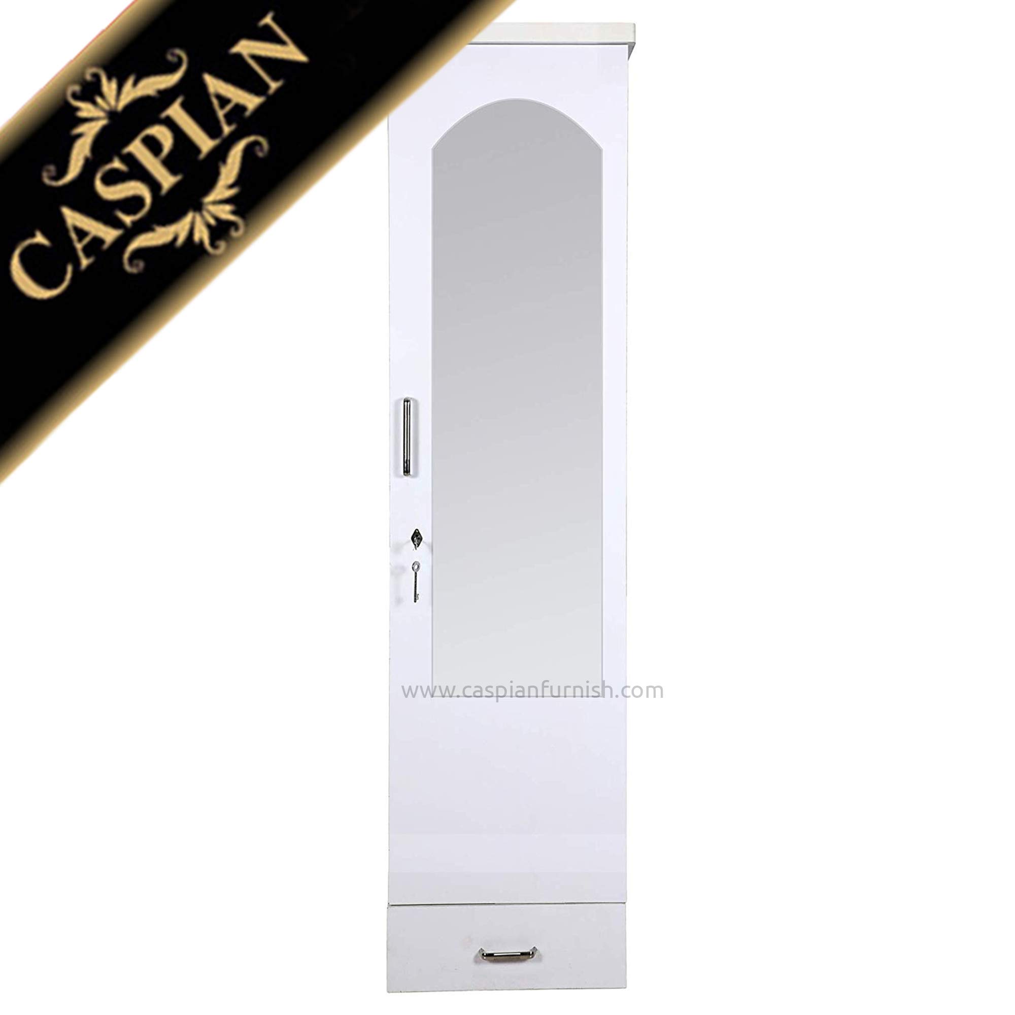 CASPIAN Engineered Wood Single Door Wooden Wardrobe (White) | Pre-Assembled Furniture with Dressing Mirror | Cupboard/Almirah for Bedroom Clothes Storage Organizer with 3 Shelves, Key Lock, Drawers 6