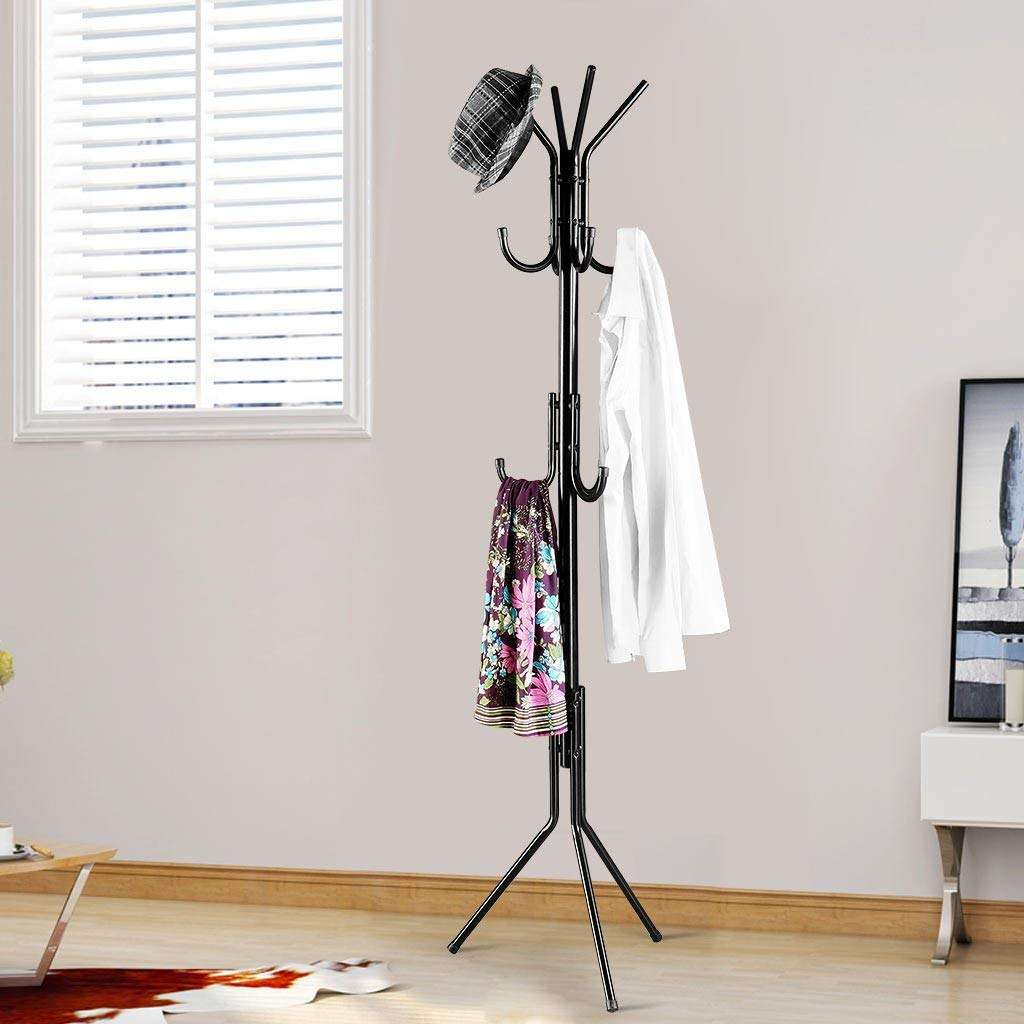 Lukzer 8 Hook Coat Hanger Metal Clothes Stand Hanging Pole Wrought Iron Rack Standing Shelf Unit for Home, Bedroom Space Saver Storage Organizer for Garments, Scarf, Bag (Black/170 x 42cm) DL-8H-BL 3