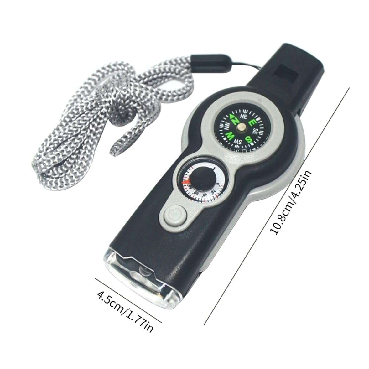Emergency Whistle 7-in-1 Camping Safety Whistle with Compass Thermometer Light Magnifier Mirror for Emergency Gray. 6