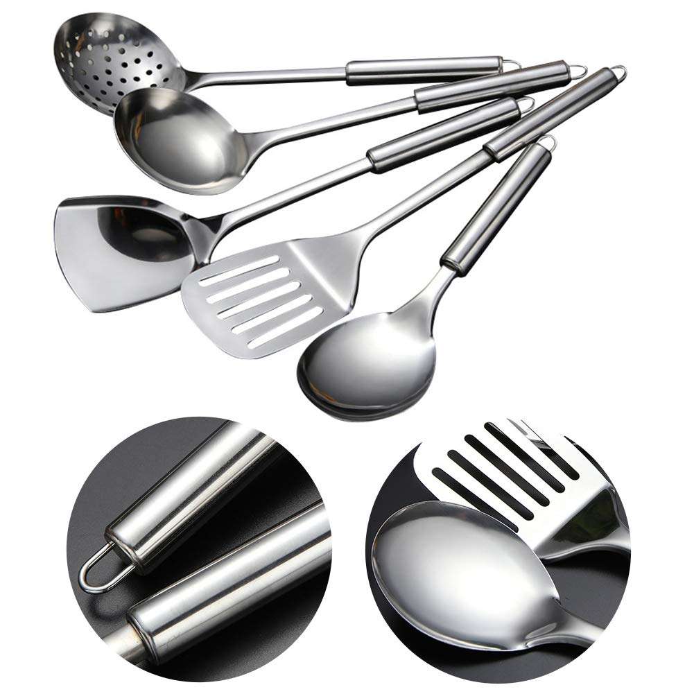 5 Pcs Stainless Steel Cooking Utensils Set Heat Resistant Kitchen Gadgets Utensil Set Includes Slotted Spoon, Slotted Spatula, Large Spoon, Soup, Spatula 4
