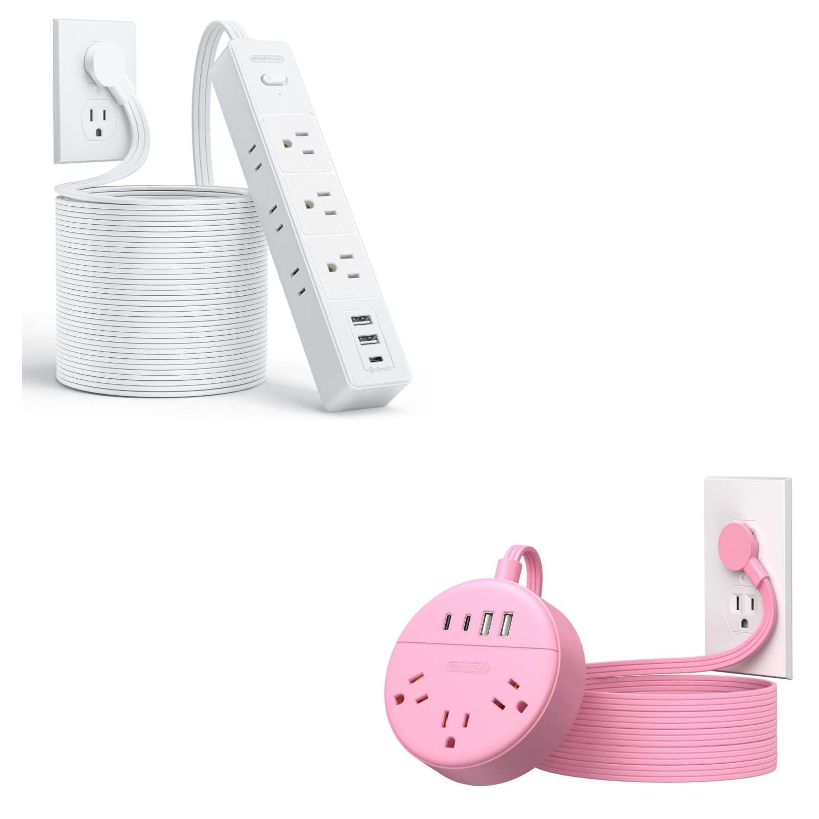 NTONPOWER Flat Extension Cord 25ft, 1080J Surge Protector, 13A / 1625W Overload Protection, Ultra Thin Flat Plug Extension Cord, 6 Outlets 2 USB-A & USB-C + NTONPOWER Pink Extension Cord 10 ft 1