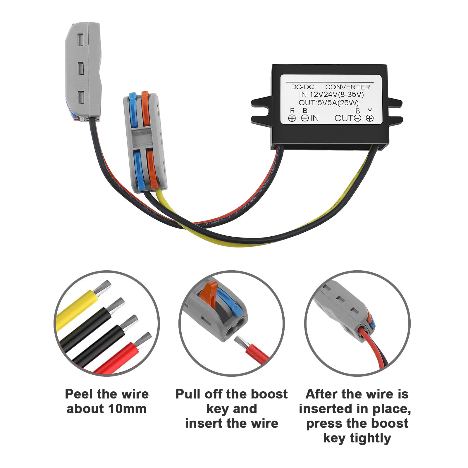 Be In Your Mind IP67 Waterproof DC-DC DC Power Converter Direct Current Converter with Quick Connector Cable Connector 12V to 5V, 24V to 5V, 5A 25W for Cars Electrical Devices 5
