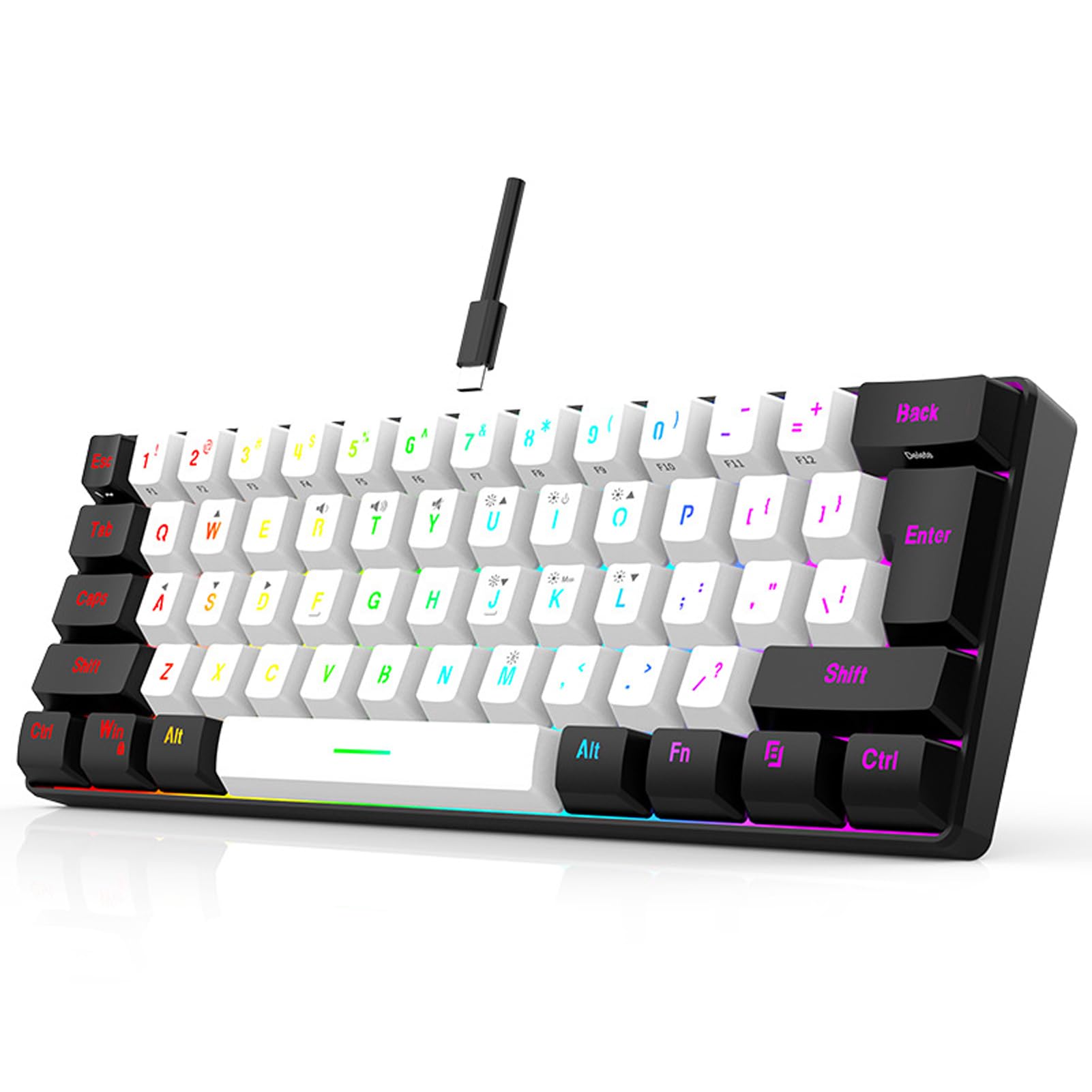 Denash Mini RGB Keyboard, Type C Interface Plug and Play Wired Keyboard DC 5V Mechanical Feeling 61 Keys for for Office (White)