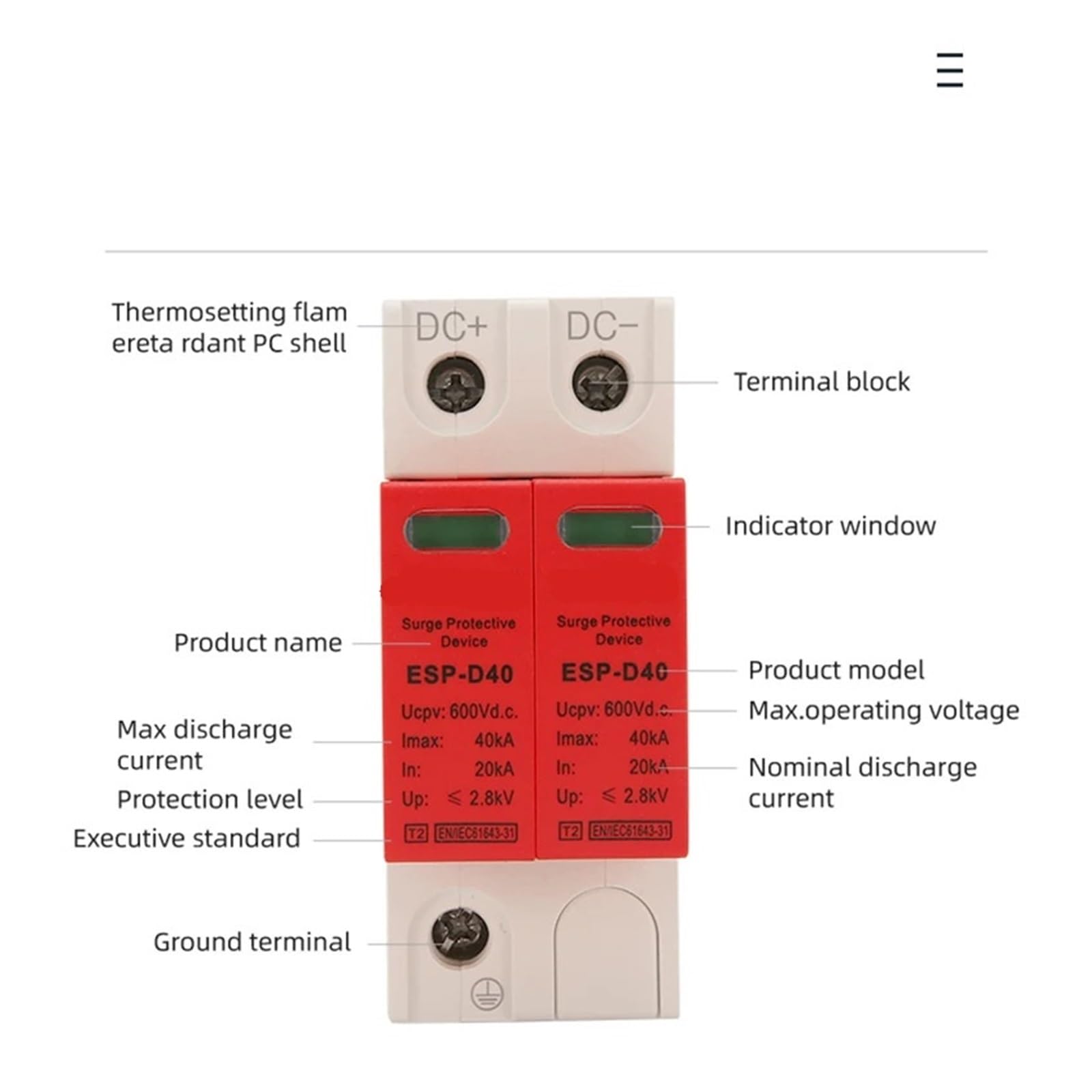 XIONGISOLAR ESP-04 2P Solar Photovoltaic Low Voltage Rail DC 600V 1000V 20KA-40KA Surge Protection Device Lightning Arrester SPD(3P 20-40KA 1000V) 4