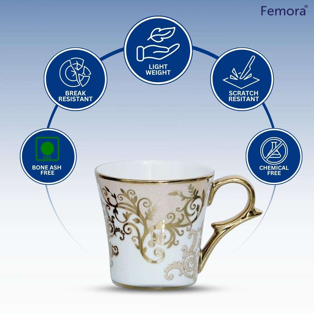 Femora Premium Floral Gold Line Ceramic Coffee & Tea Cup | Finest Premium for Tea/Coffee/Hot Drinks | Set of 4 | Capacity- 160 ML |(Not Microwave Safe) 5