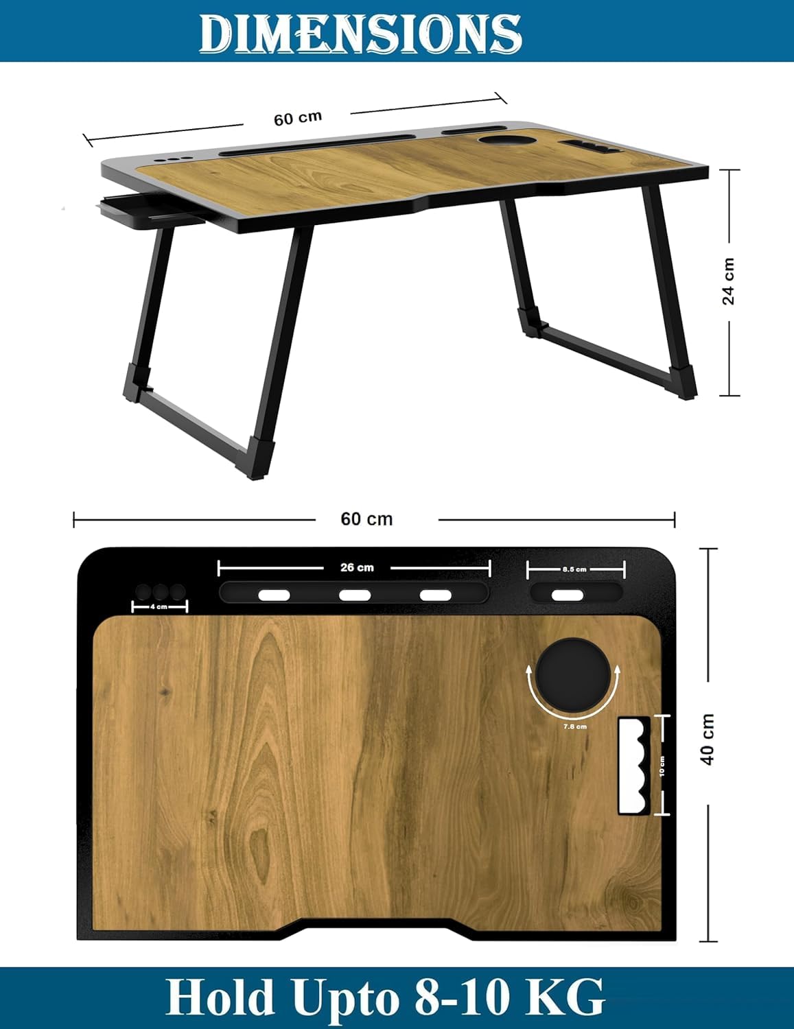 Radiant Multipurpose Foldable Laptop Table, Cup Holder, Drawer, Mac Holder, Study Table, Breakfast Table, Portable, Ergonomic, Rounded Edges, Non-Slip Legs (Wooden) 3